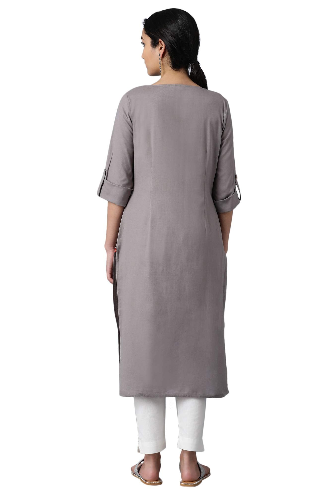 W for Woman Grey Round Neck Solid Kurta