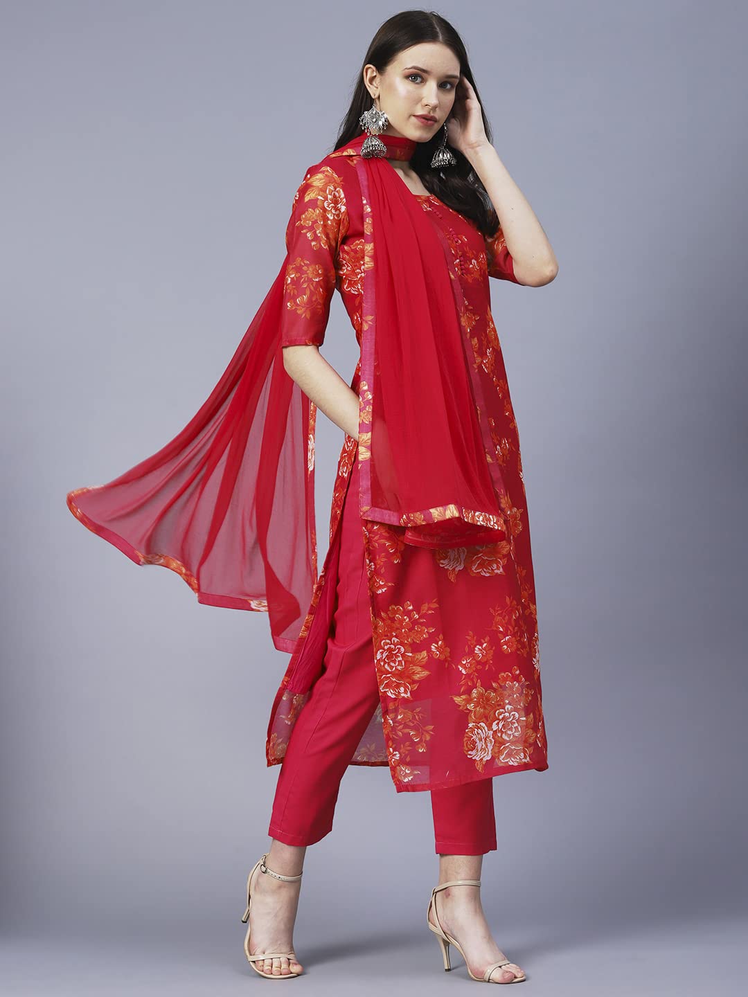 Gosriki WomenS Chanderi Cotton Printed Straight Kurta With Pant & Dupatta (Aux-Orange-Gs_4Xl_Pink_Xxxx-Large)