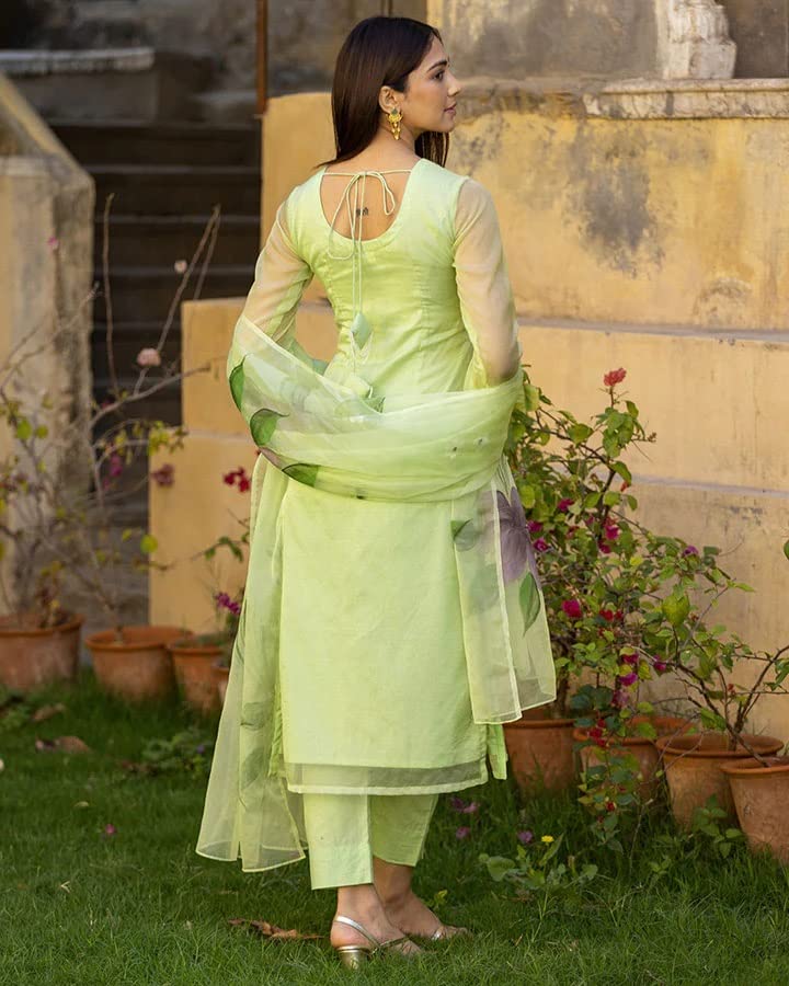 GoSriKi Women's Chanderi Cotton Straight Printed Kurta with Pant & Dupatta (Idika Green-GS)