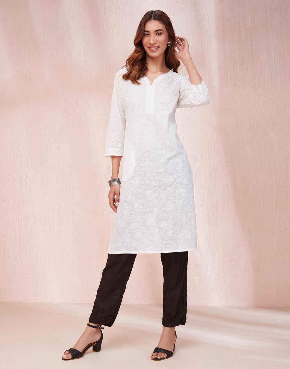 Fabindia WomenS Cotton Printed Regular Kurta (1037328White_White