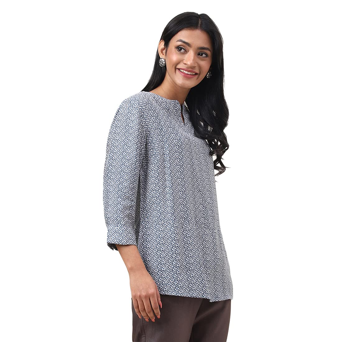 Fabindia WomenS Printed Regular Fit Top (2110590Blue_Blue