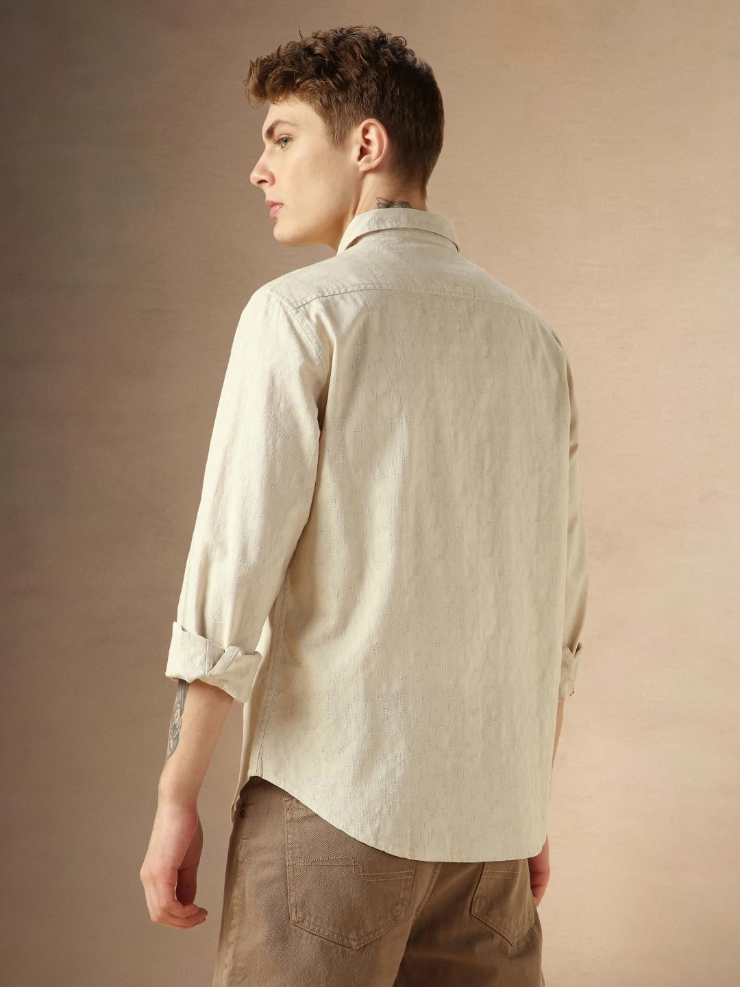 Dennis Lingo MenS Beige Cotton Spread Collar Long Sleeves Solid Shirts