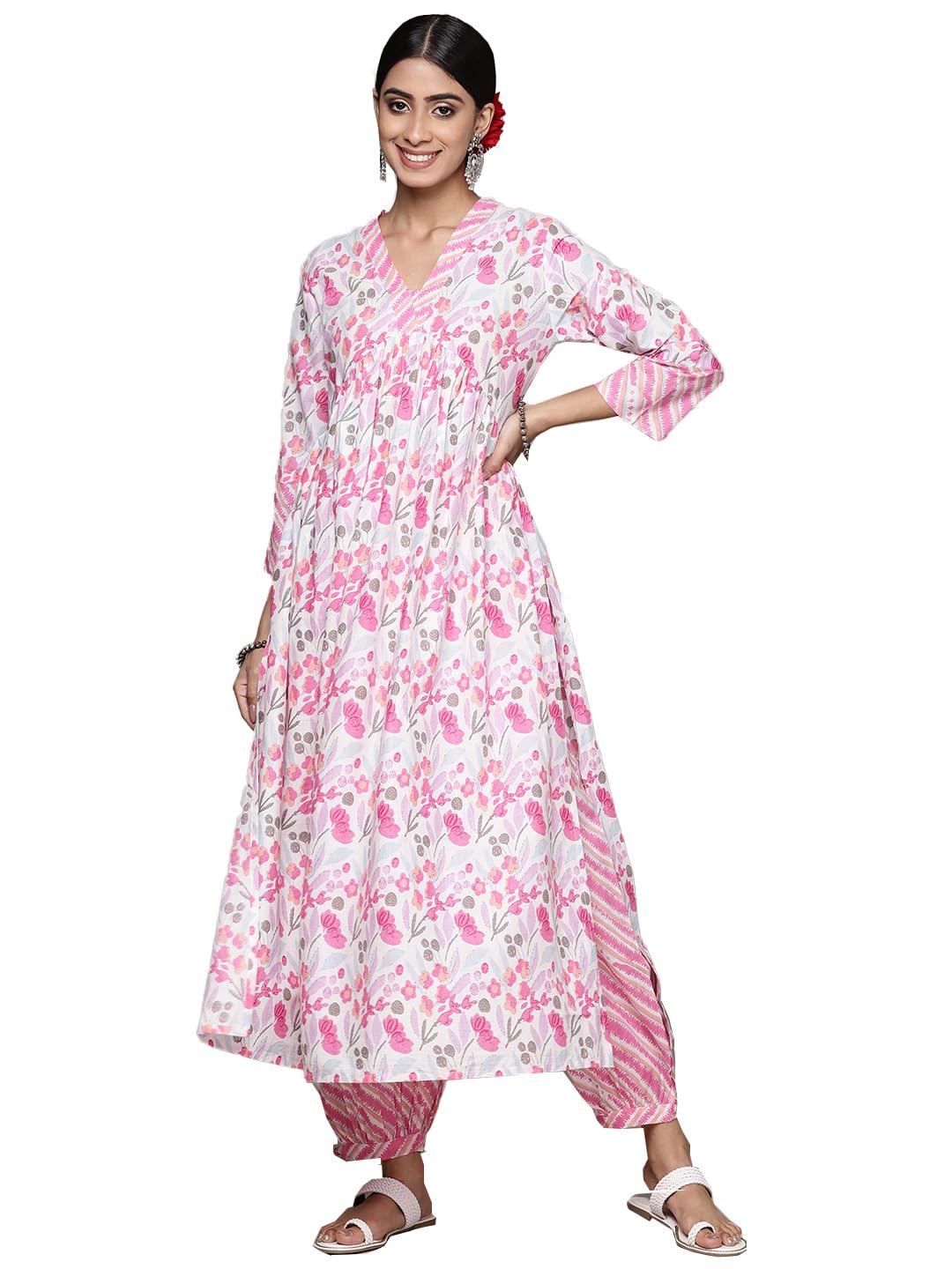 ishin Womens Pure Cotton Printed Pink A-Line Kurta Suit Set with Pants
