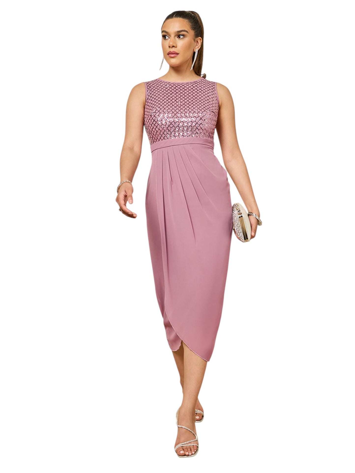 Miss Chase Womens Round Neck Sleeveless Embellished Midi Dress (MCSS25D92-76-261-02, Dusty Lavender, XS)