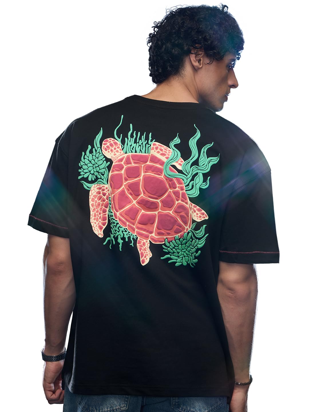 The Souled Store Break Free Turtle Men and Boys Short Sleeves Round Neck Black Puff Printed Cotton Oversized T-Shirts