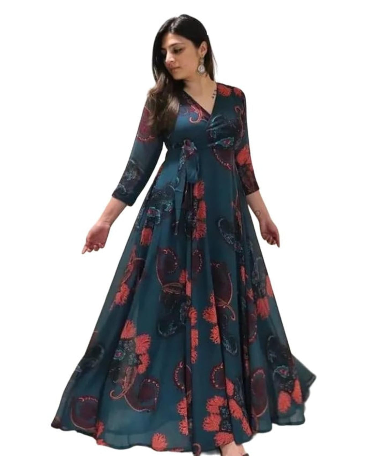 Trillmixa WomenS Georgette Stylish V-Neck Fit-Flare Maxi-Length Dress(Keri-T) Blue