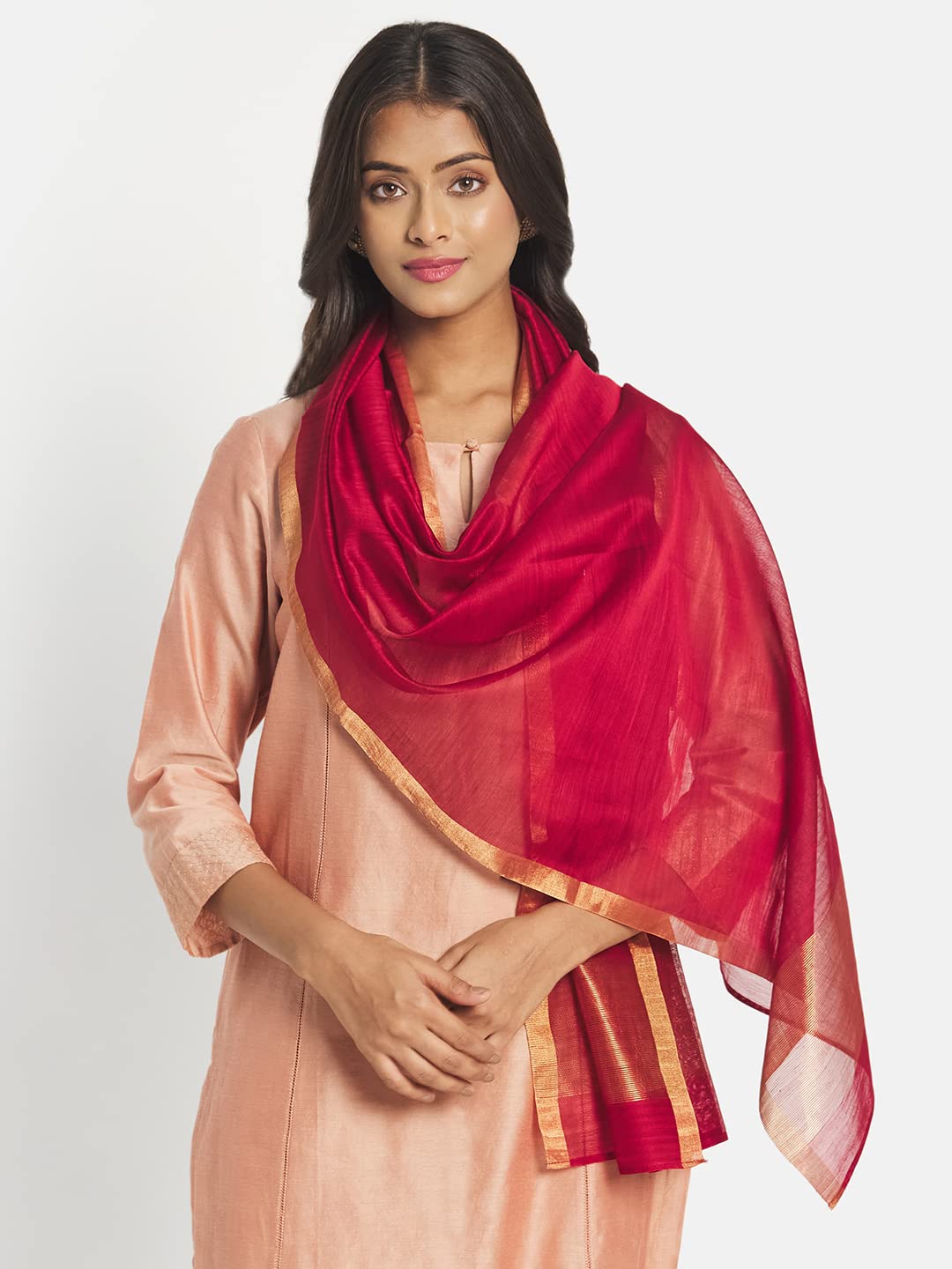 Fabindia Women Cotton Silk Hand Woven Stole Red_FREESIZE