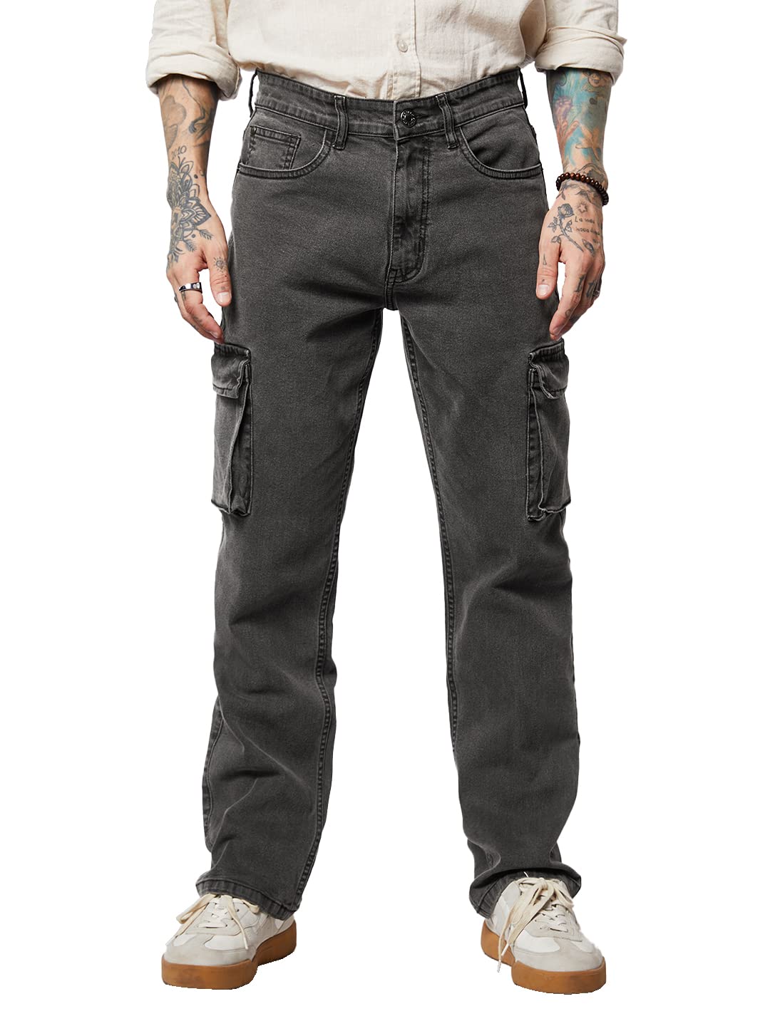 The Souled Store Solids: Ash Grey (Straight Fit) Mens and Boys Regular Fit Solid Cottonblend Grey Color Men Cargo Jeans