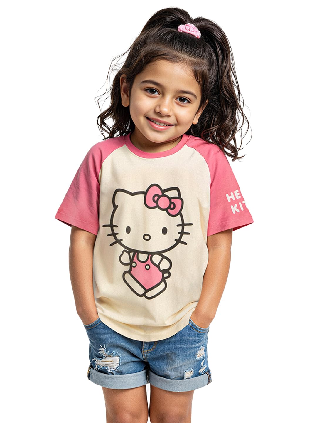 The Souled Store Hello Kitty: Pink Round Neck Short Sleeves Graphic Printed Girls Cotton T-Shirts (2-8 Yrs)