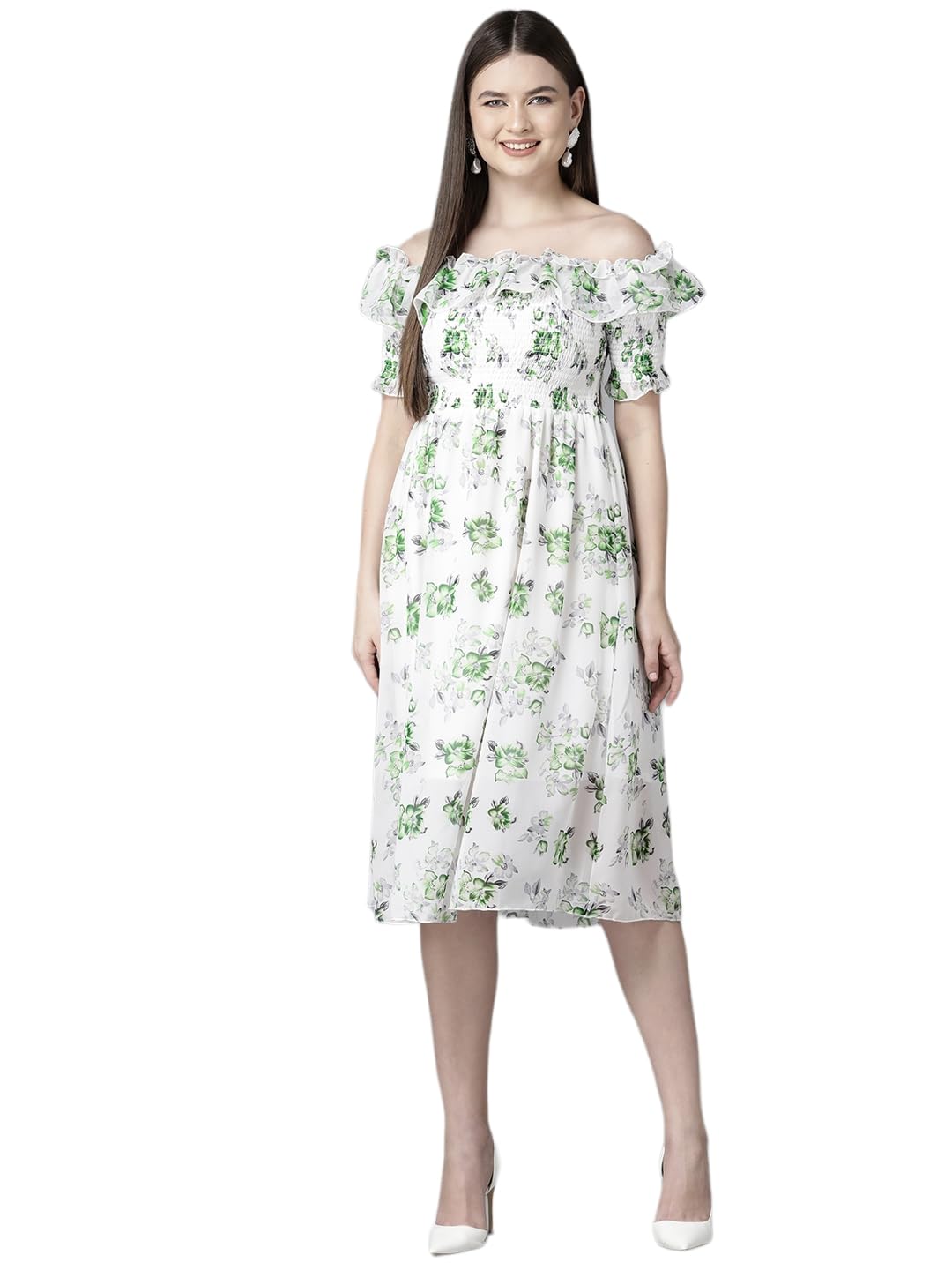 Aarika Womens White-Green Colour Georgette Floral Print Middi (Md-W-083-White-Green-S)