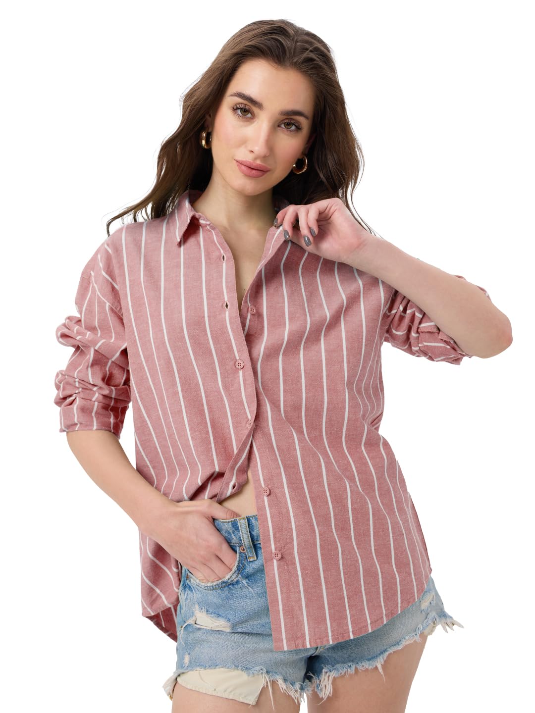 The Souled Store Cotton Linen Shirt: Cardinal Women and Girls Long Sleeves Collared Neck Button Front Cotton Linen Boyfriend Shi