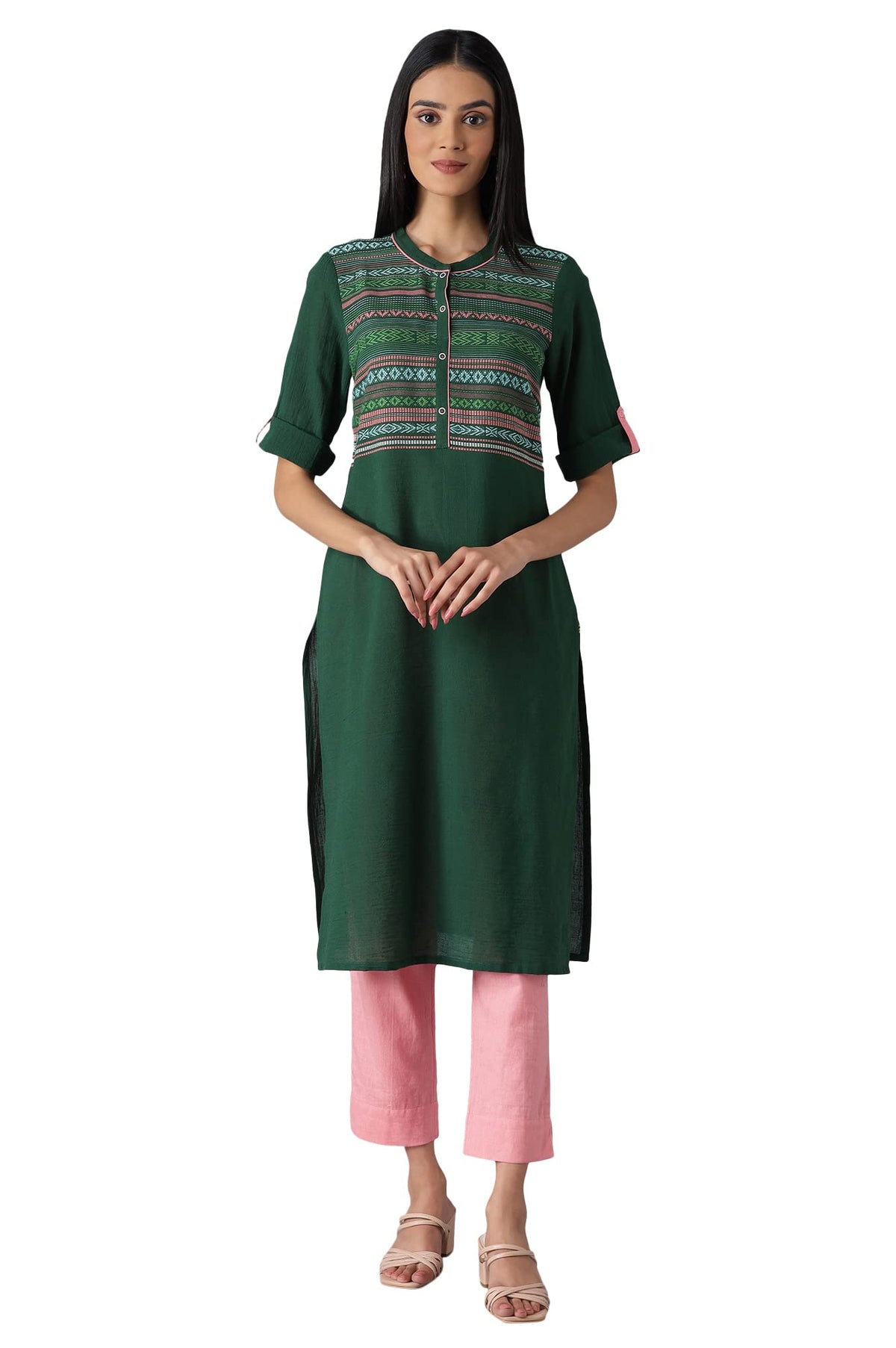 Aurelia Green Geometric Printed Printed Cotton Regular Kurta For Women