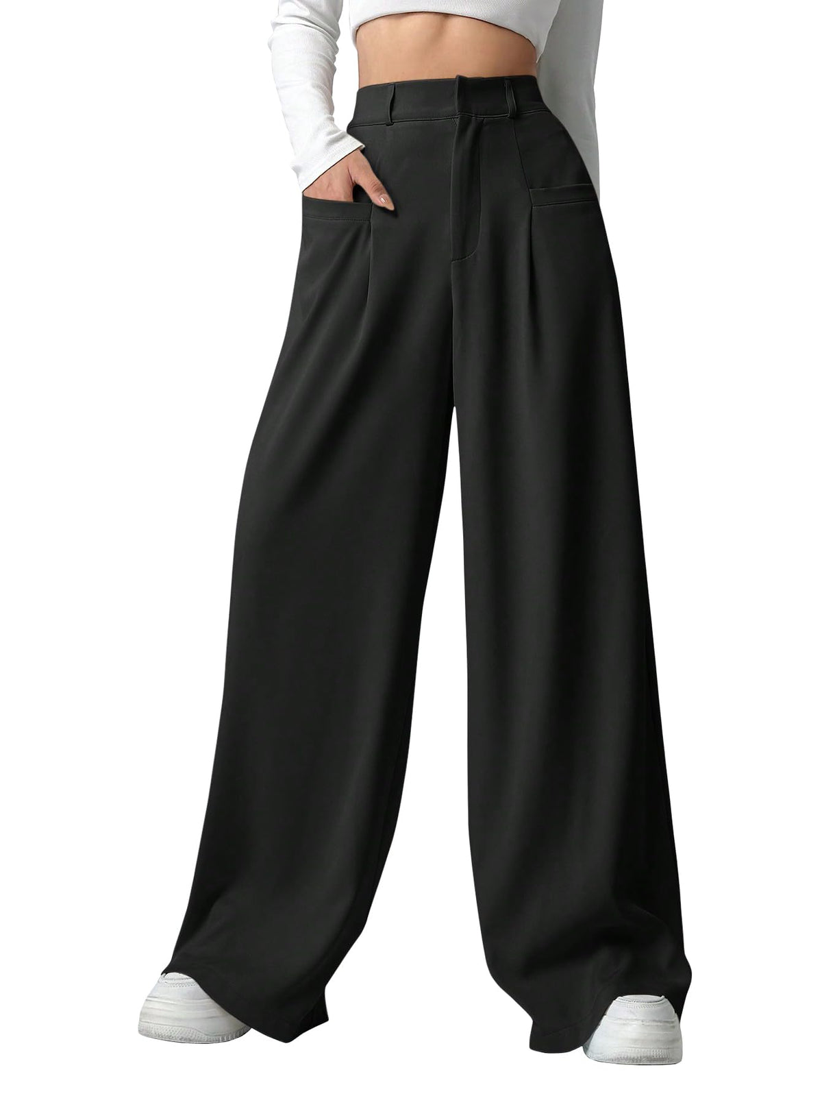 Shasmi Women & Girls Solid Black Color Loose Fit, Pleated Trousers, Wide Leg Pocket Casual Long Korean Trousers Pant (Pant 146 B