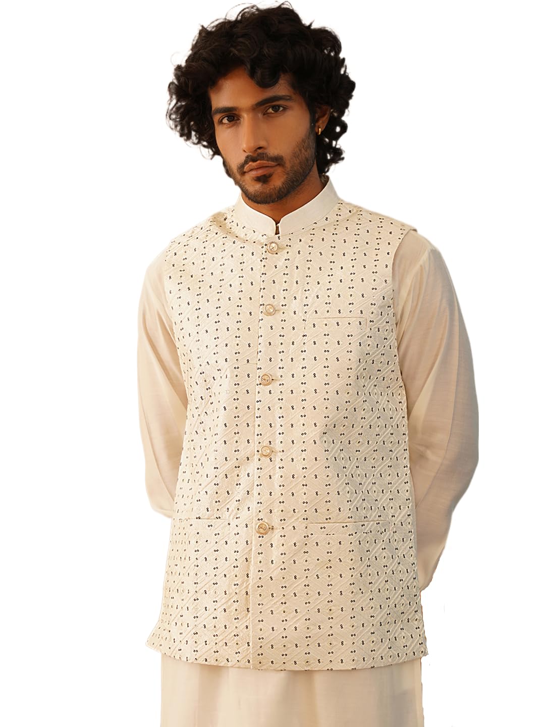 Jompers Mens Embroidered With Sequin Silk Blend Nehru Jacket