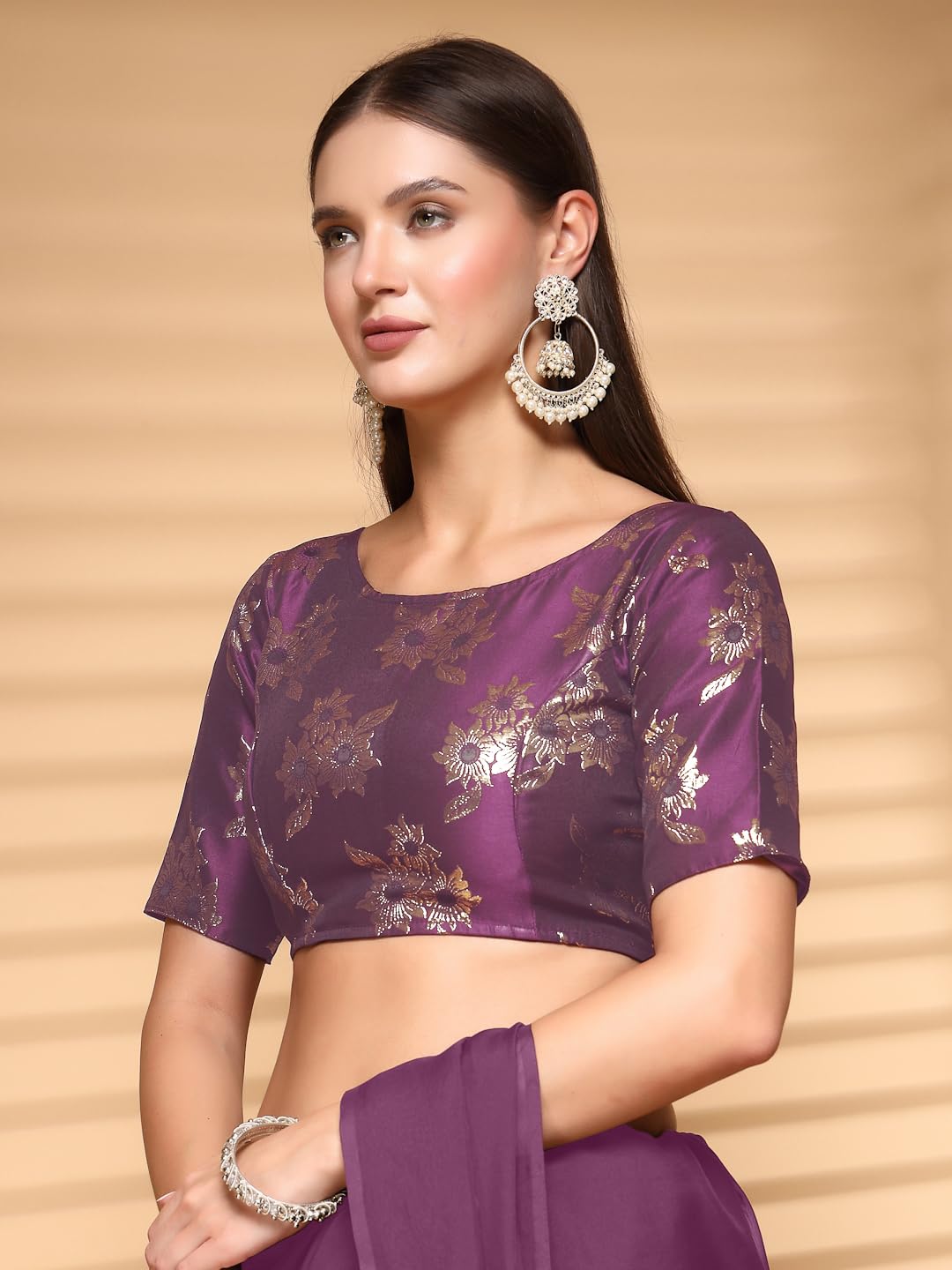 Oomph! WomenS Indian Ethnic Wear Designer Floral Pattern Zari Work Boat Neck Half Sleeve Light Purple Color Brocade Readymade B