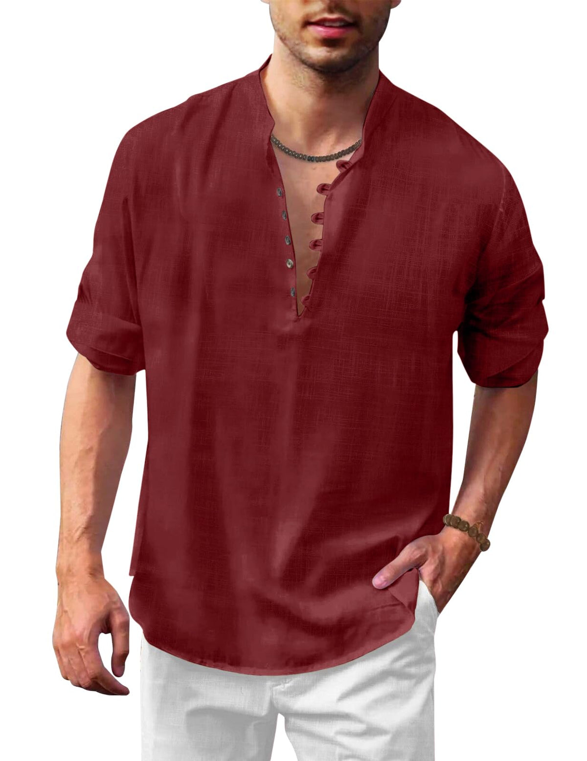 Royalscout MenS Solid Cotton Blend Straight Kurta Shirt | Regular Fit Full Sleeve Short Kurta Wine