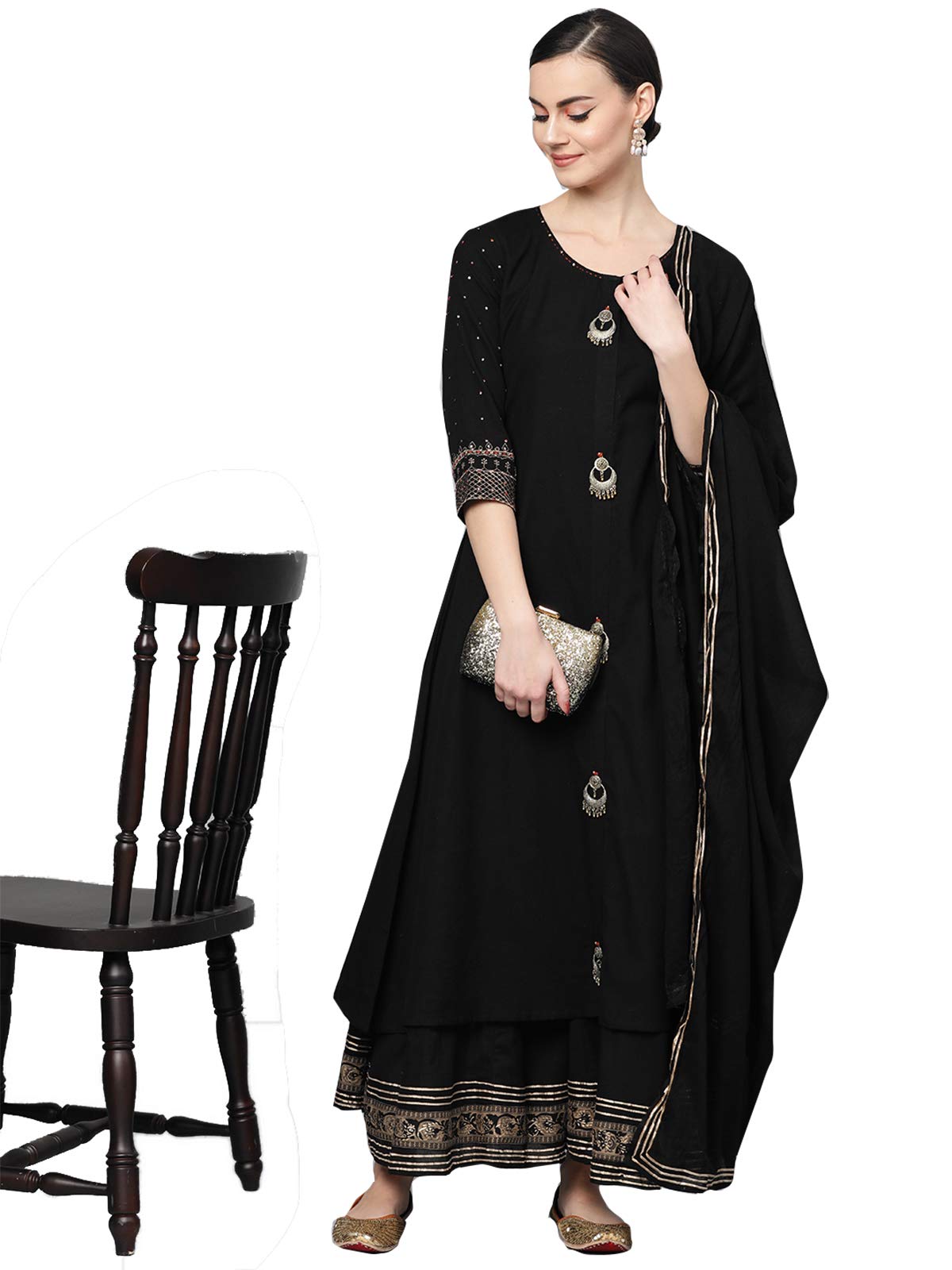ishin Women's Pure Cotton Self Design Gotta Patti Black Floral Print A-Line Kurta suit set With Dupatta & Palazzo