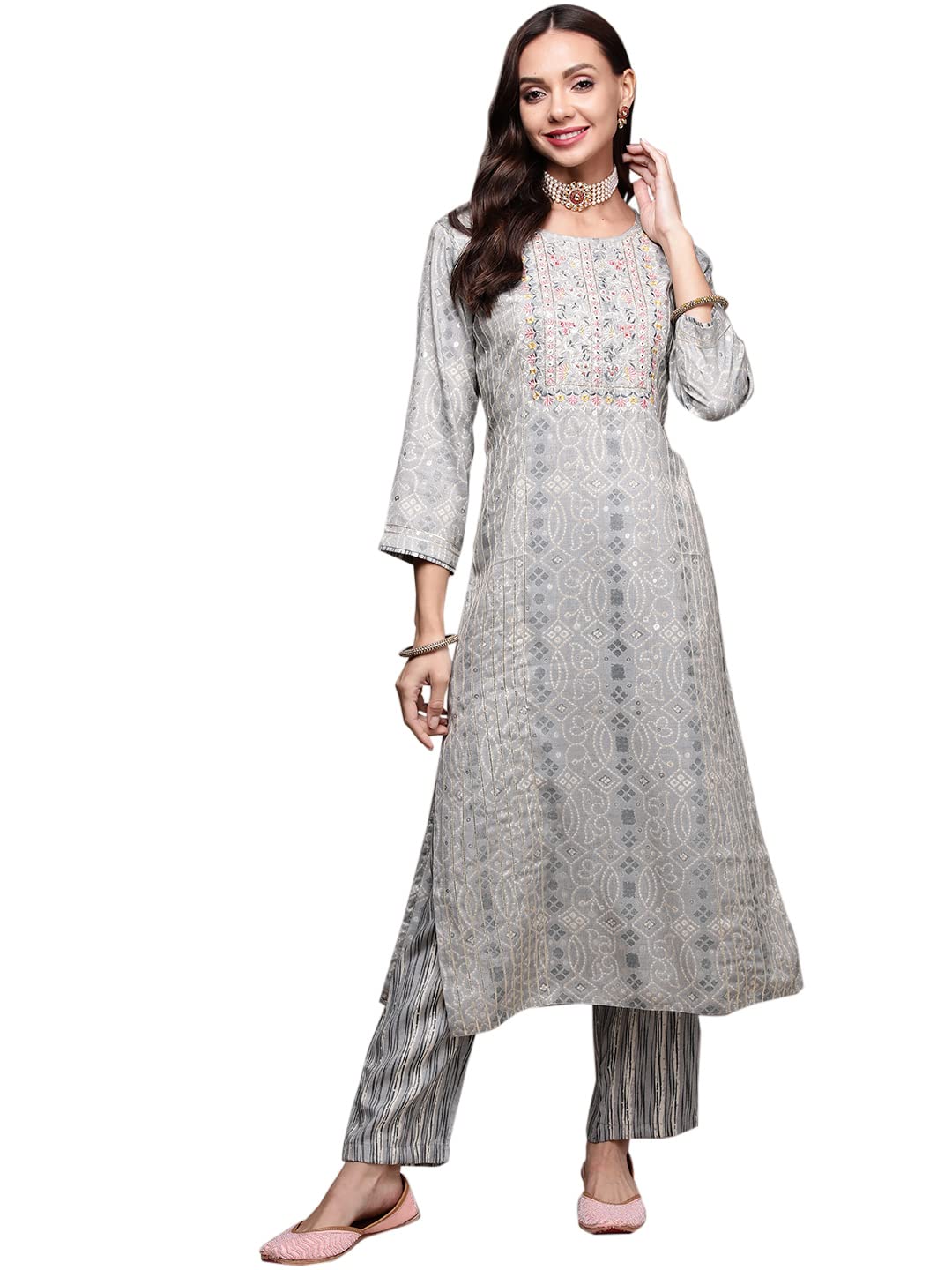 anubhutee Womens Muslin Grey Bandhani Printed Straight Kurta Suit Set with Pants