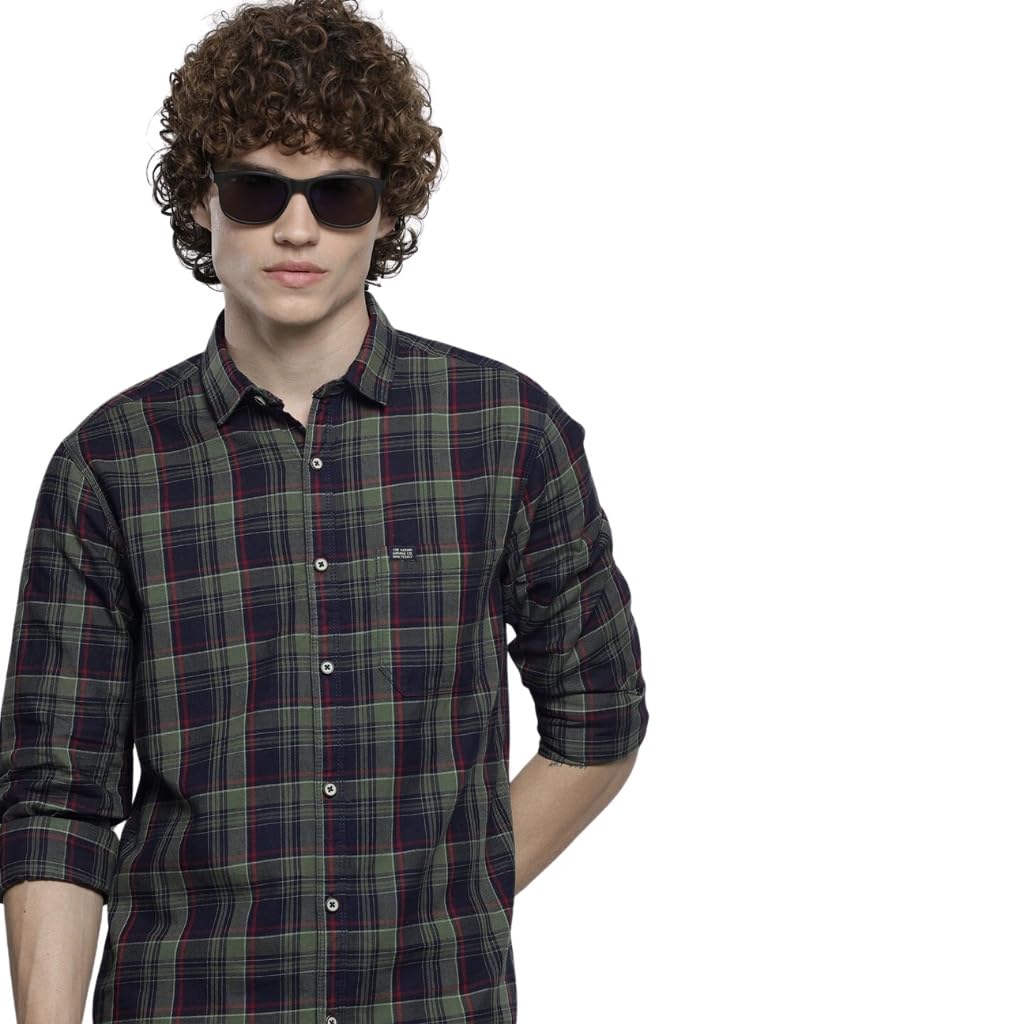 The Indian Garage Co Mens Regular Fit Navy & Olive Cotton Shirt