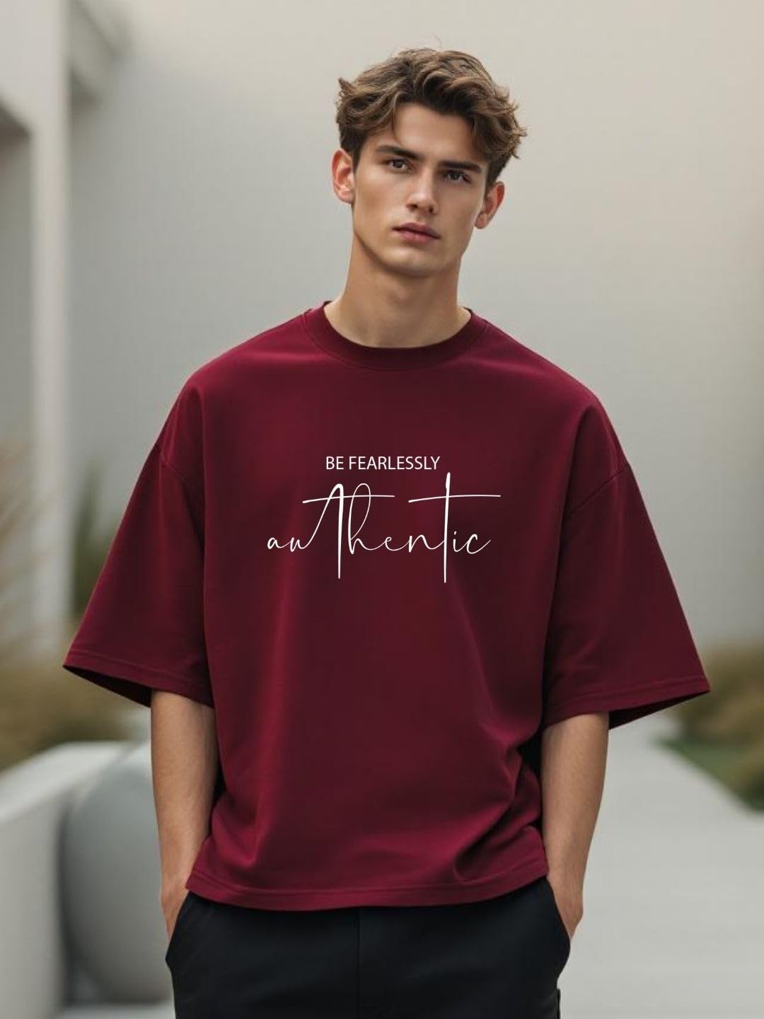 Nobero MenS Graphic Print Oversized Fit T-Shirt (1M-Twts-C0933-X_Powder Blue/Wine Red