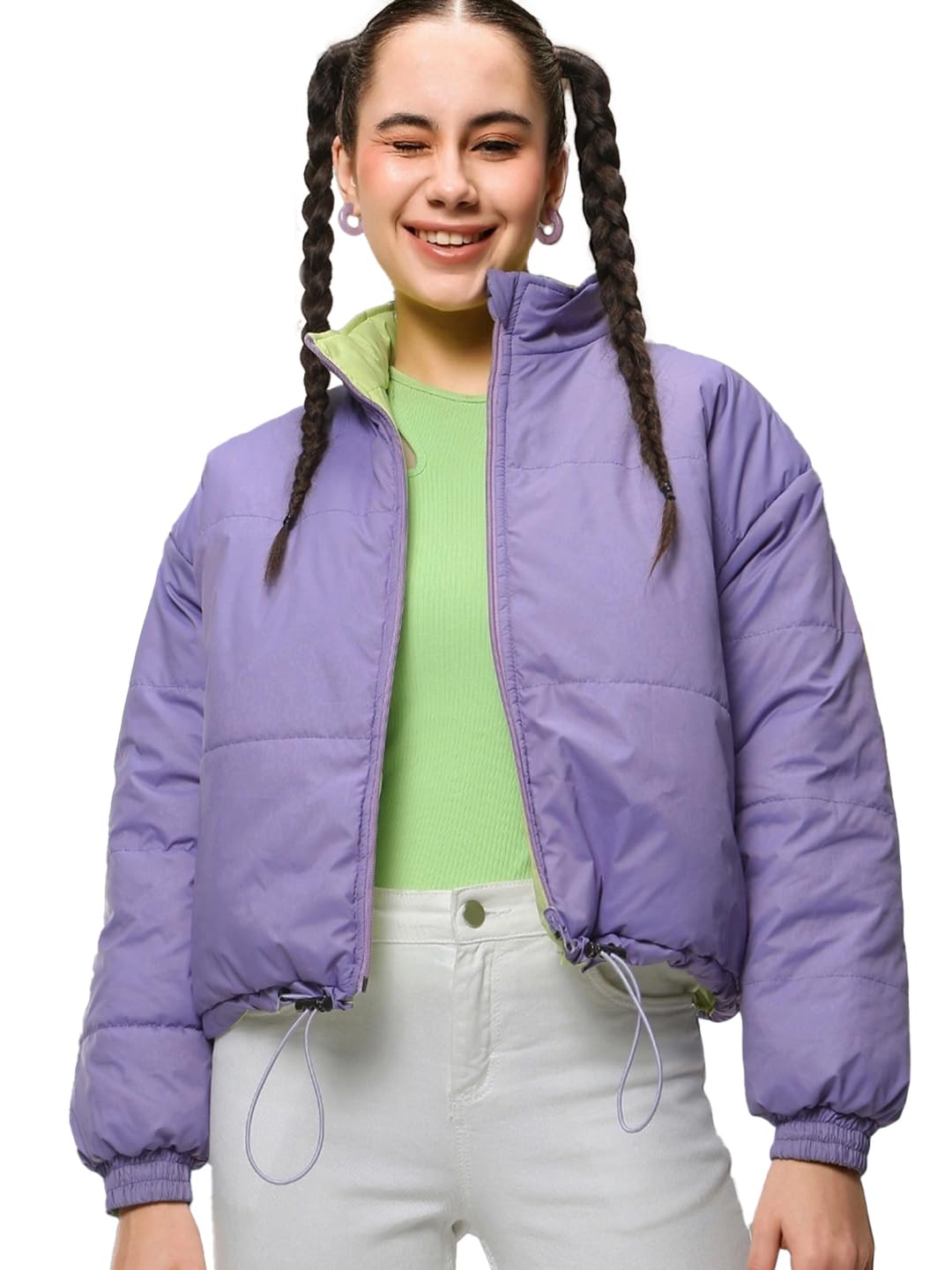 Bewakoof Womens Solid Super Loose Fit Full Sleeve Stand Collar Nylon Puffer Jacket_499023_Purple_L