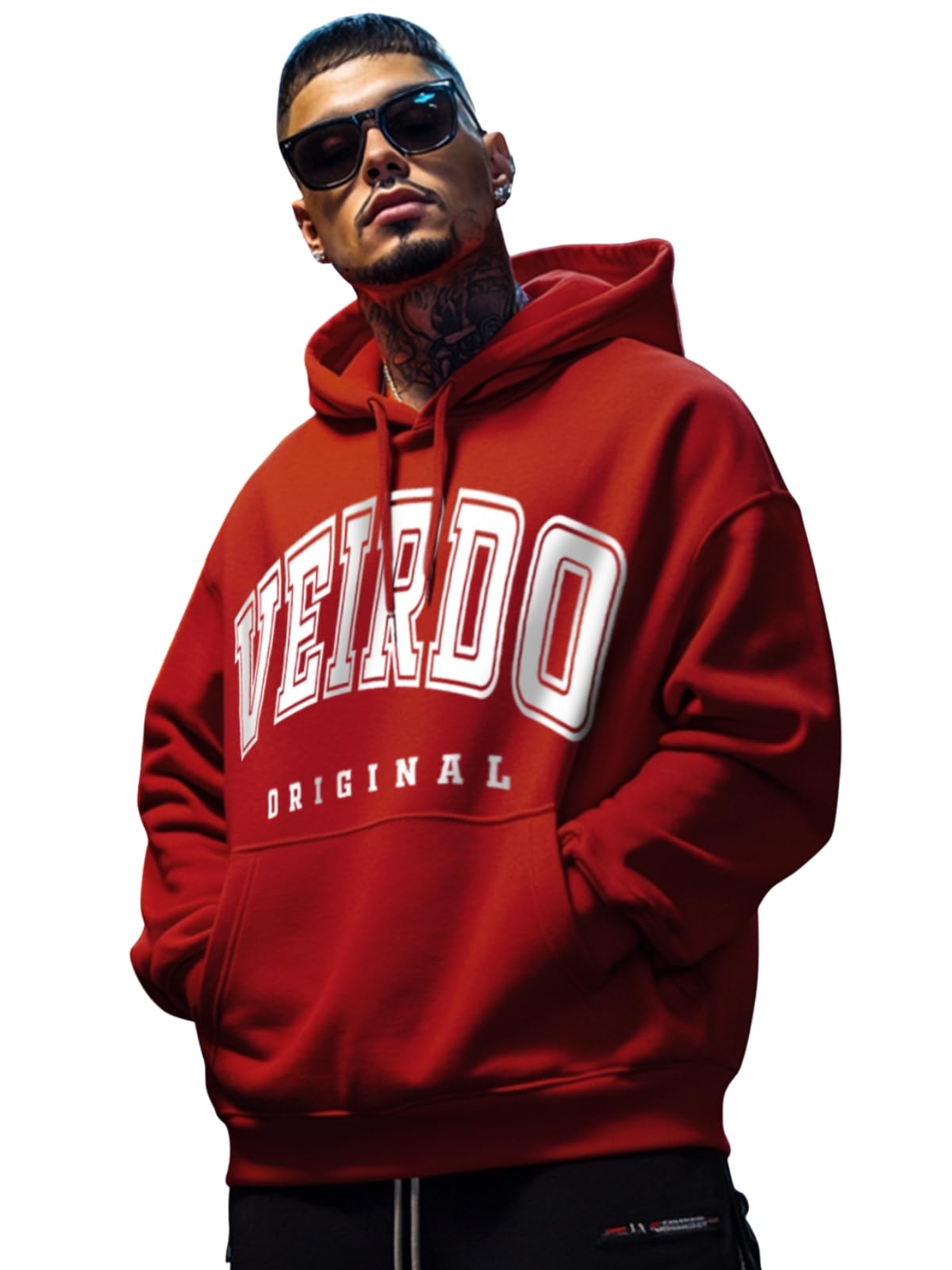 Veirdo Mens Fleece Oversized Baggy Fit Hoodie Drop Shoulder Typographic Logo Printed Full Sleeve Hoodie