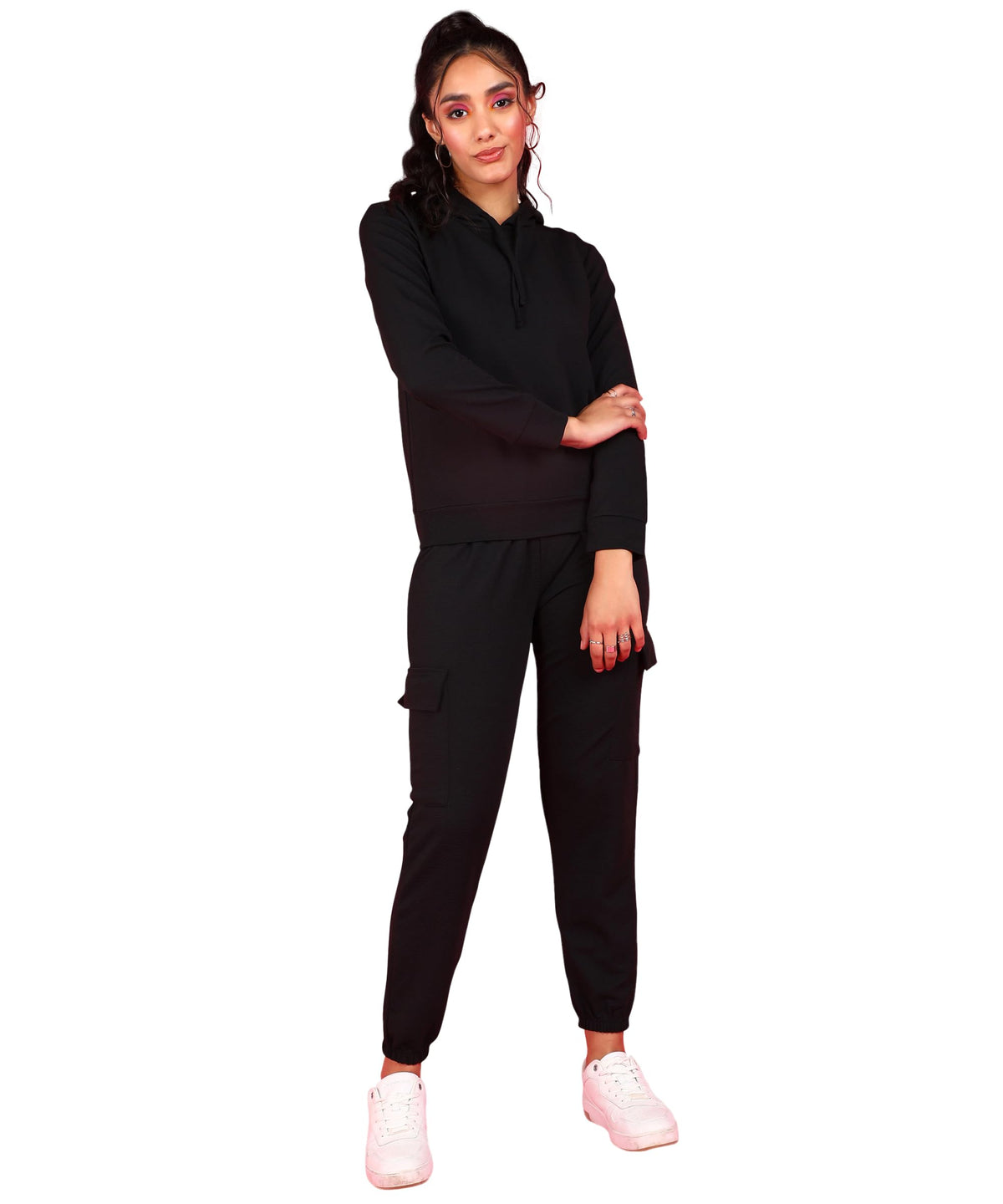 POPWINGS Women Casual Self Design Solid Black Sweatshirt & Jogger Co-Ords Set | Top and Bottom Set for Women