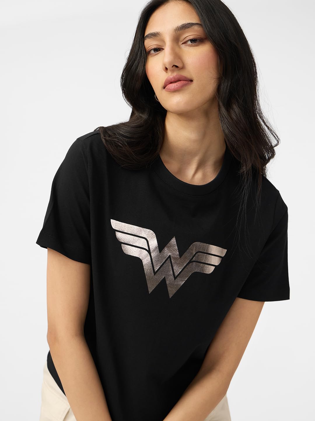 The Souled Store Wonder Woman: Logo Women and Girls Short Sleeves Round Neck Black Graphic Printed Cotton Relaxed Fit T-Shirts