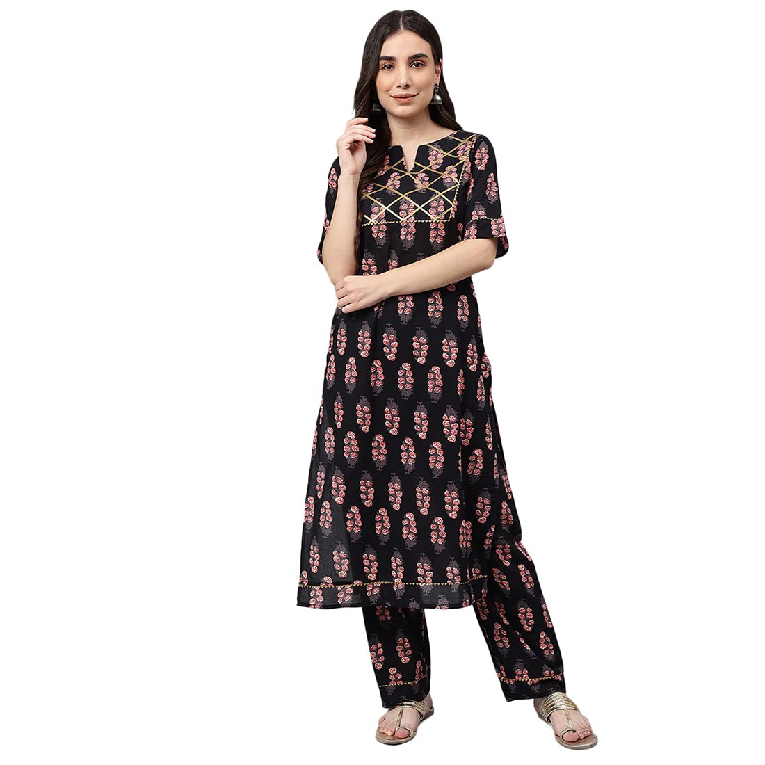 idaLia Black Printed Cotton Kurta Set