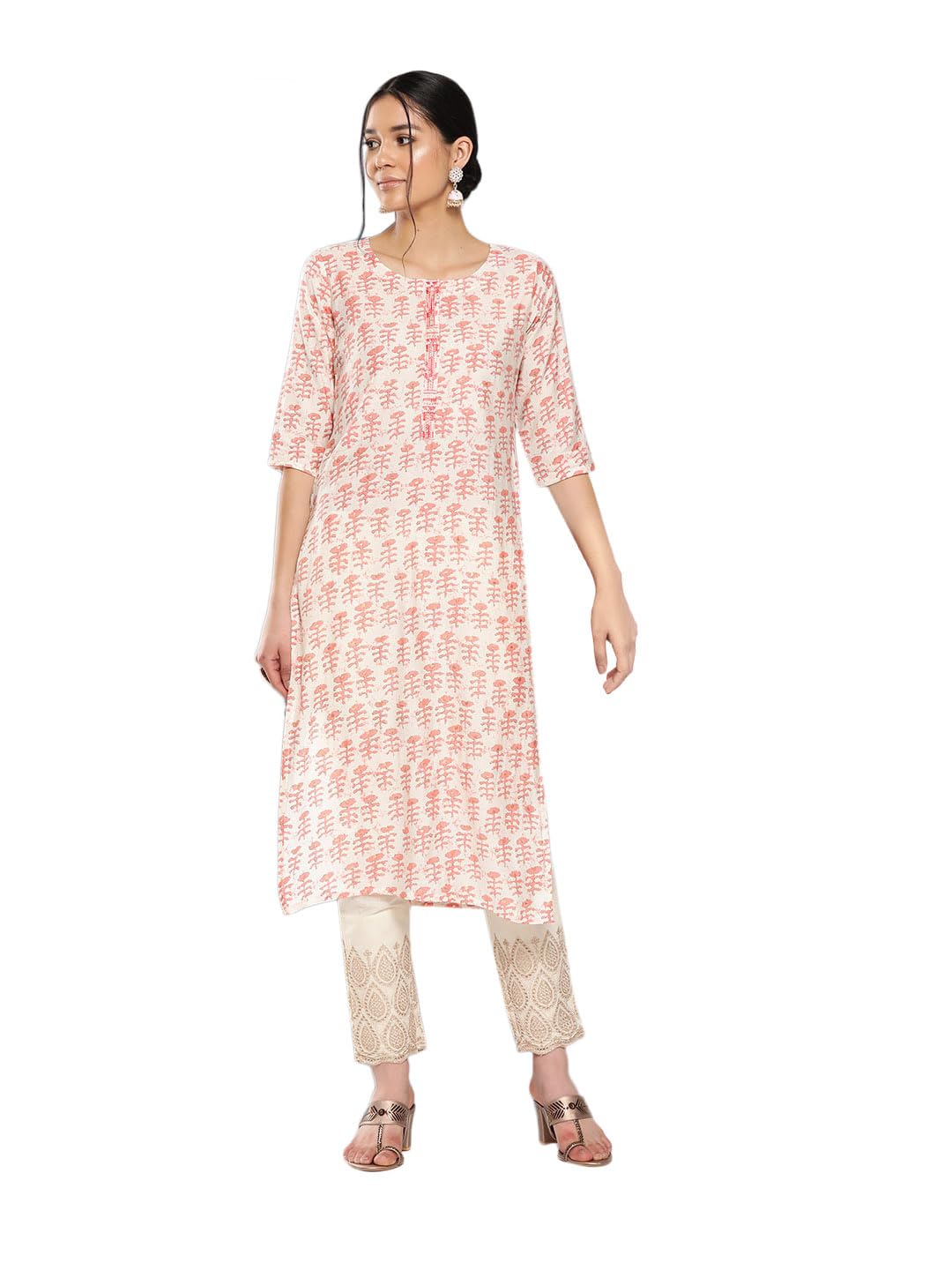 Libas WomenS Silk Printed Straight Kurta (26290_Peach