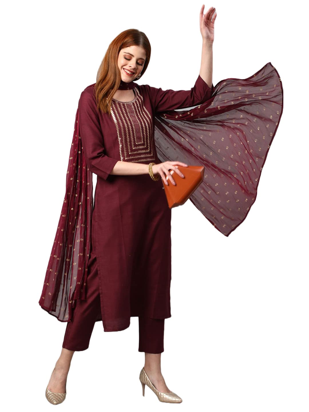 ANNI DESIGNER Womens Cotton Blend Solid Straight Kurta with Pants & Dupatta (Indira-Brown_XXL_Brown_XX-Large)