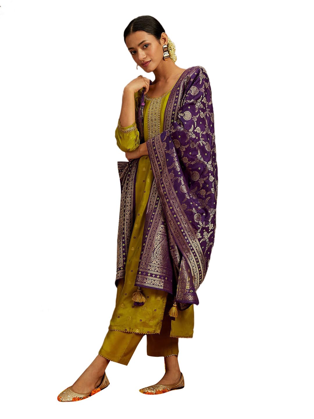 Libas Womens Self Design Silk Straight Kurta With Trousers And Dupatta