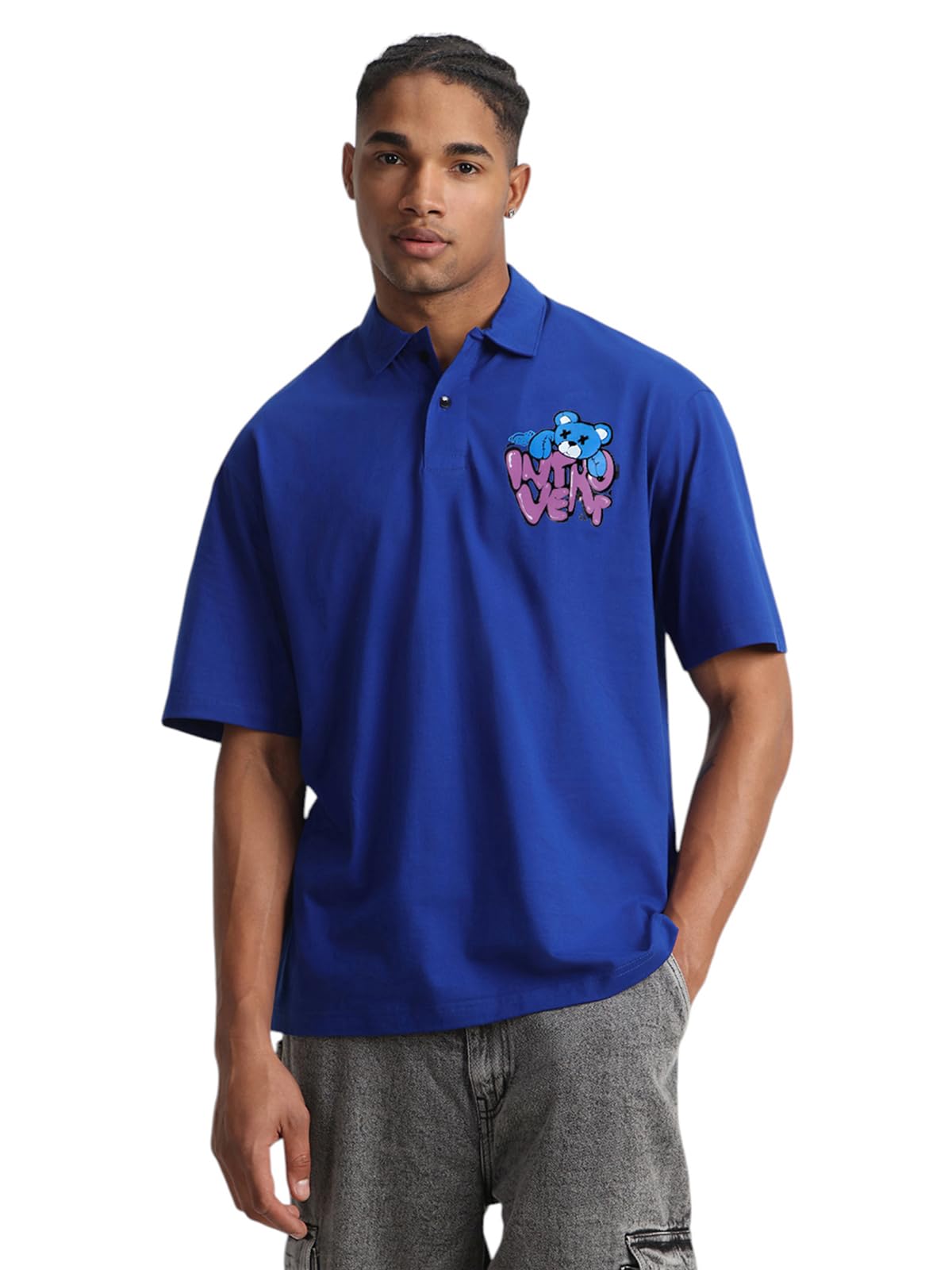 Veirdo Mens Oversized Baggy Fit Drop Shoulder Short Sleeve Graphic Printed Polo Neck T-Shirt Royalblue