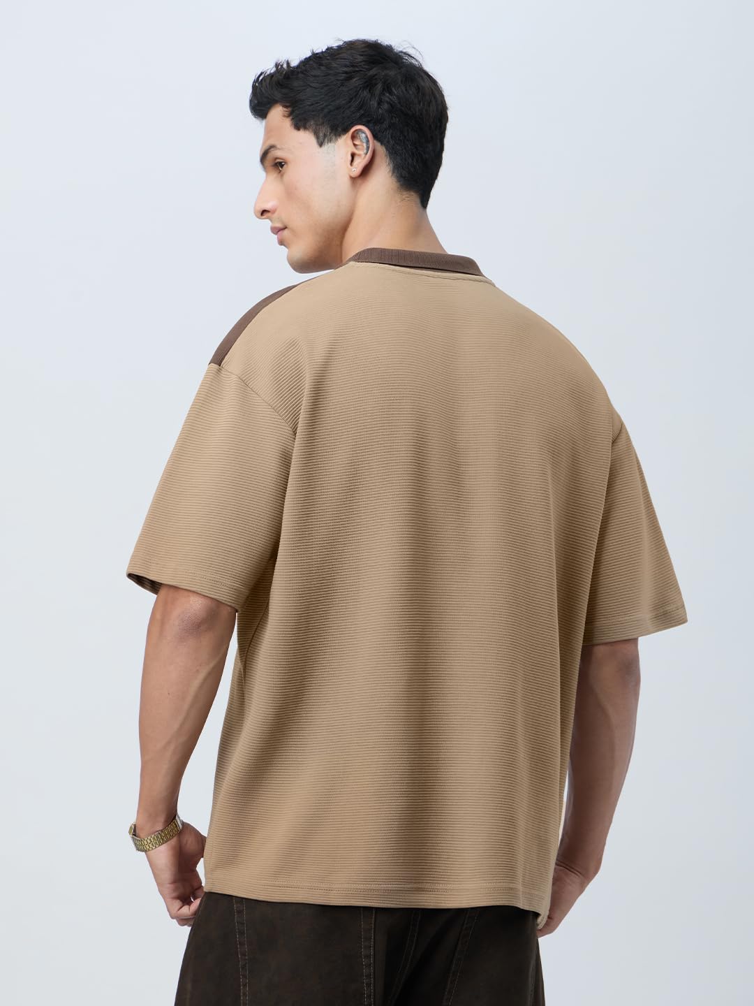 The Souled Store Ottoman Colourblock: Sepia Men and Boys Short Sleeves Collared Neck Brown Cotton Blend Oversized Zipper Polos