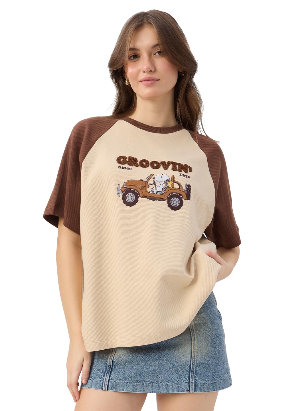 The Souled Store Peanuts: Groovin Women and Girls Short Sleeve Round Cotton Oversized T-Shirts Brown
