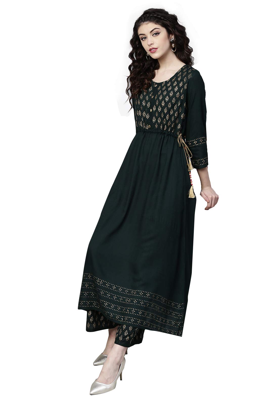 Ishin Women's Rayon Green Printed Anarkali Kurta & Palazzo Set