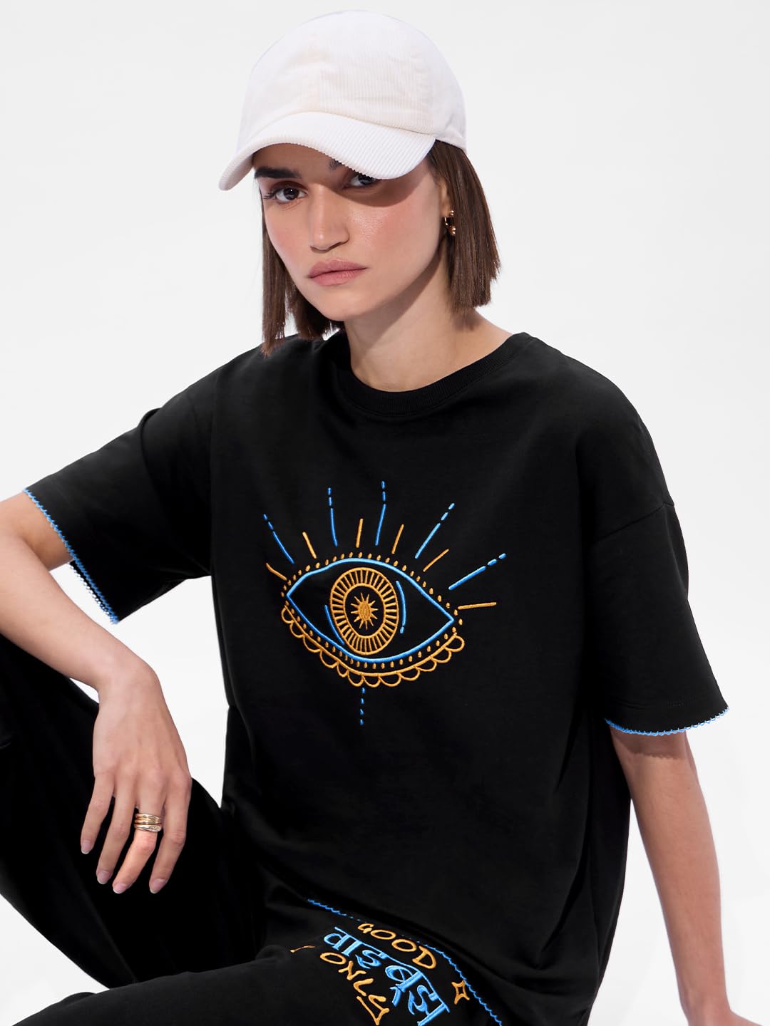 The Souled Store Evil Eye Women and Girls Short Sleeve Round Neck Black Graphic Printed Cotton Oversized T-Shirts