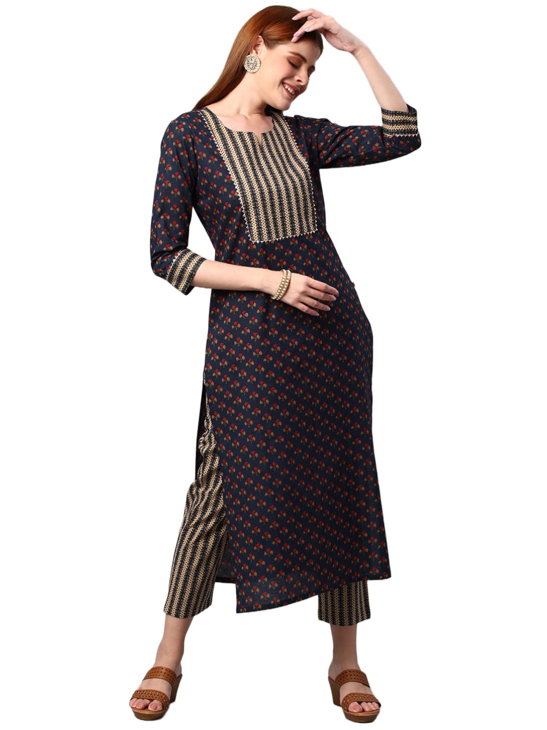 ANNI DESIGNER Womens Cotton Blend Printed Straight Kurta with Pant (Satku)