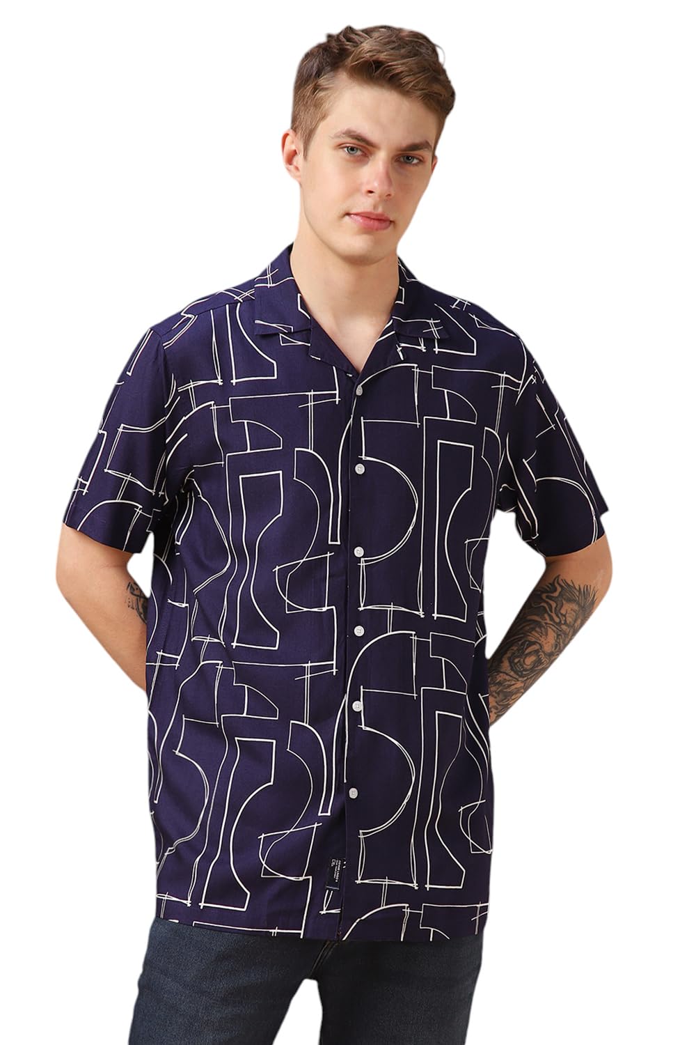 Dennis Lingo Men Blue Printed Viscose Relaxed Fit Half Sleeve Shirts