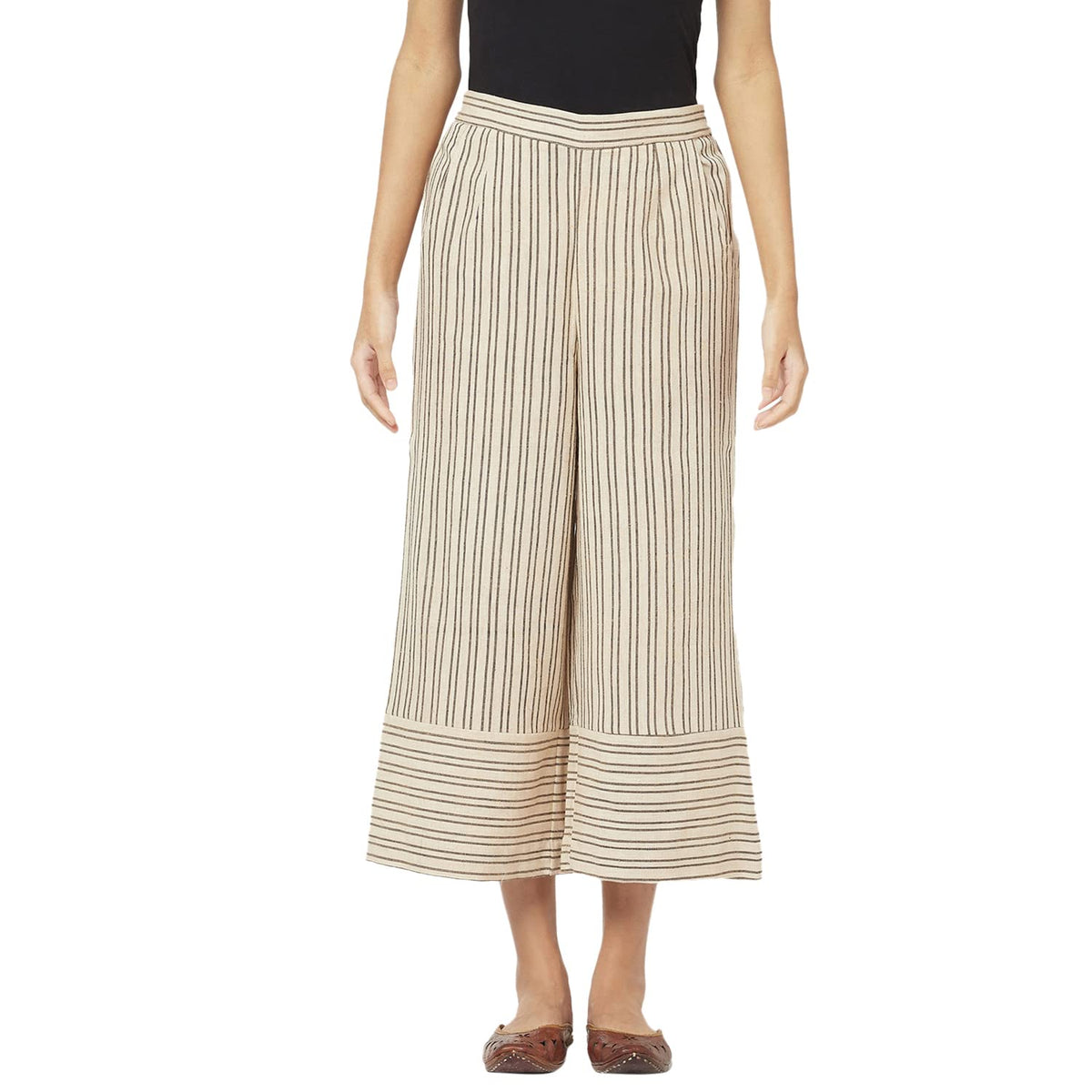 Fabindia Women Bana Striped Culottes Pants Cotton_Xl Beige