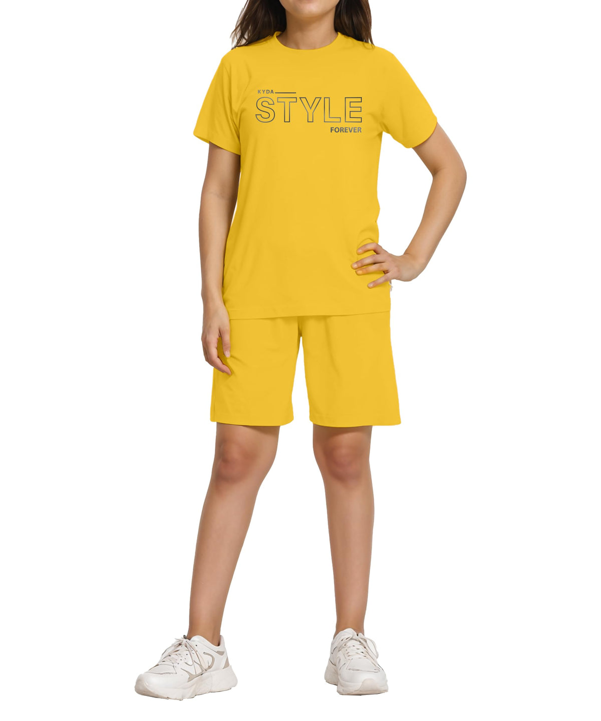Kyda Kids Girls 100% Pure Cotton Premium Chest Printed Tshirt And Short Co-Ords Set (Pack Of 1) Yellow