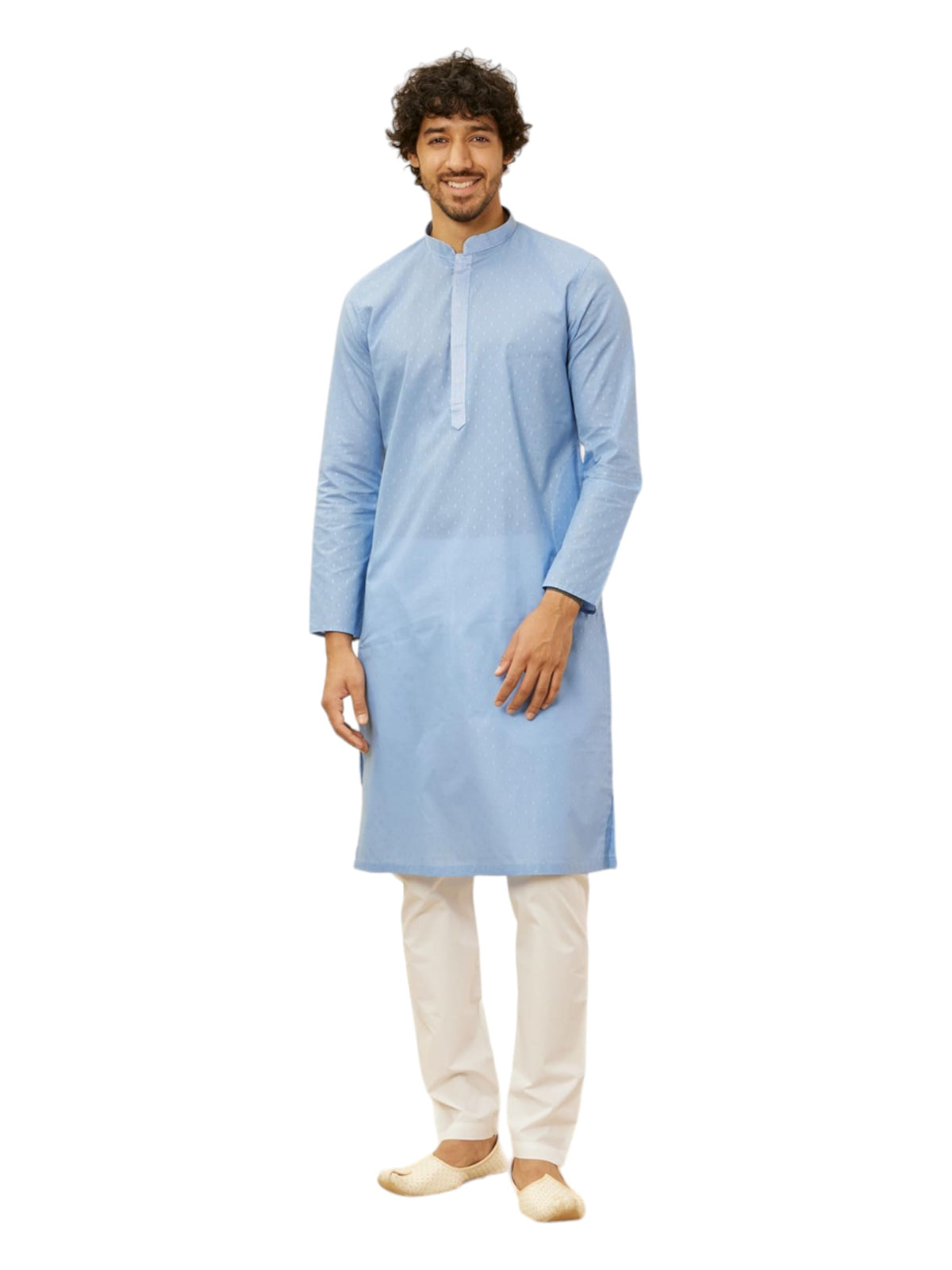 Manyavar Mens Blue Cotton Self Design Kurta Pyjama Set