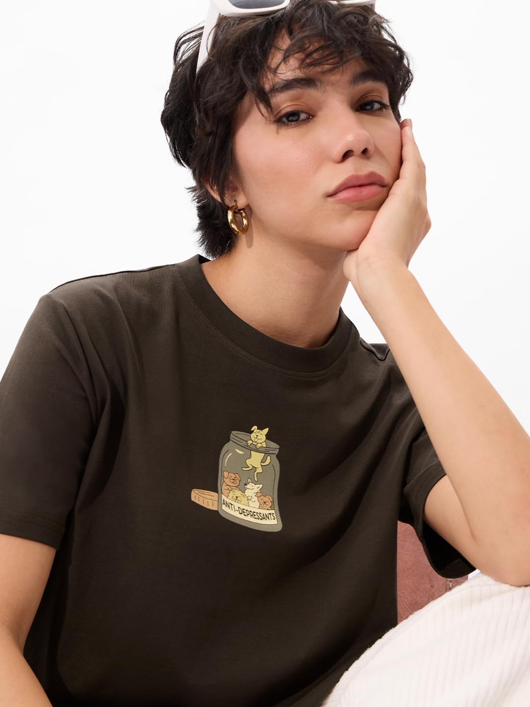 The Souled Store Anti-Depressant Women and Girls Round Neck Short Sleeve Off White Graphic Printed Cotton Relaxed Fit
