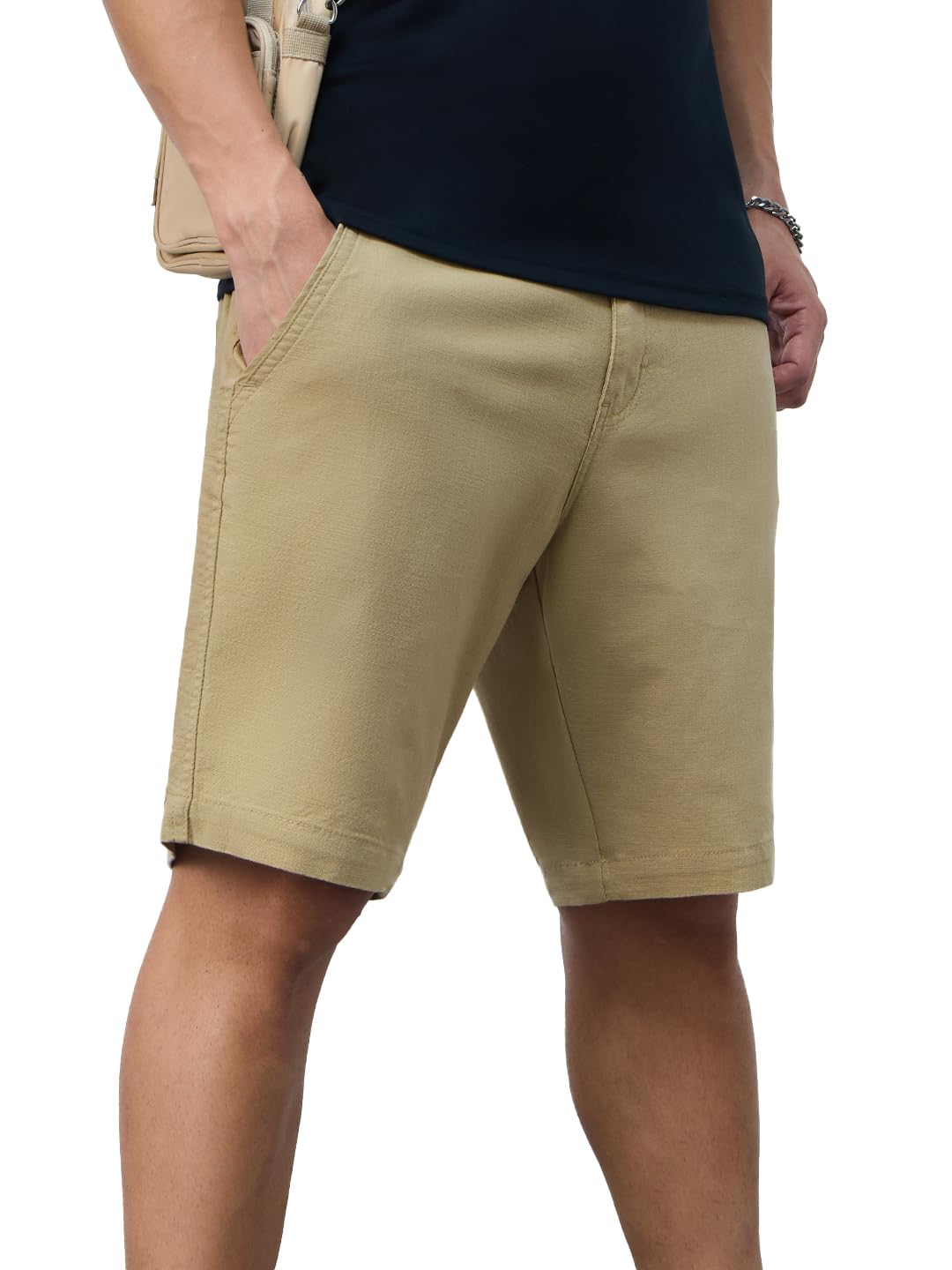 The Souled Store Chino Shorts: Camel Men and Boys Buttoned Beige Solid Cotton Blend Knee Length Chino Shorts