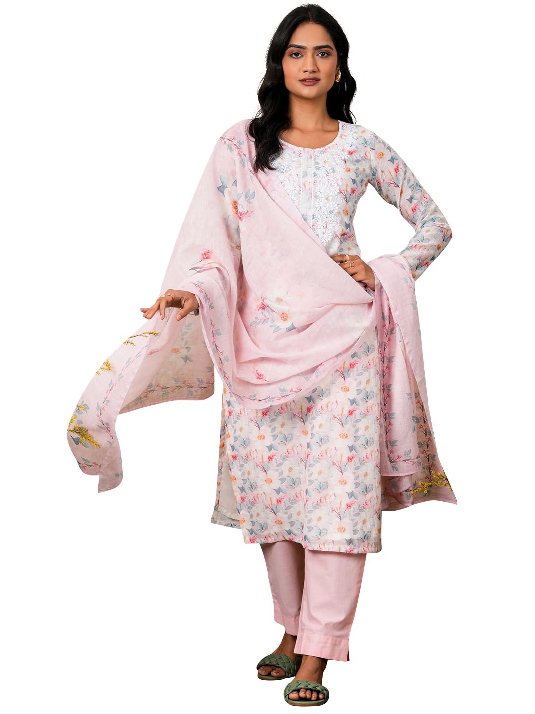 Libas Womens Printed Linen Straight Kurta With Trousers And Dupatta