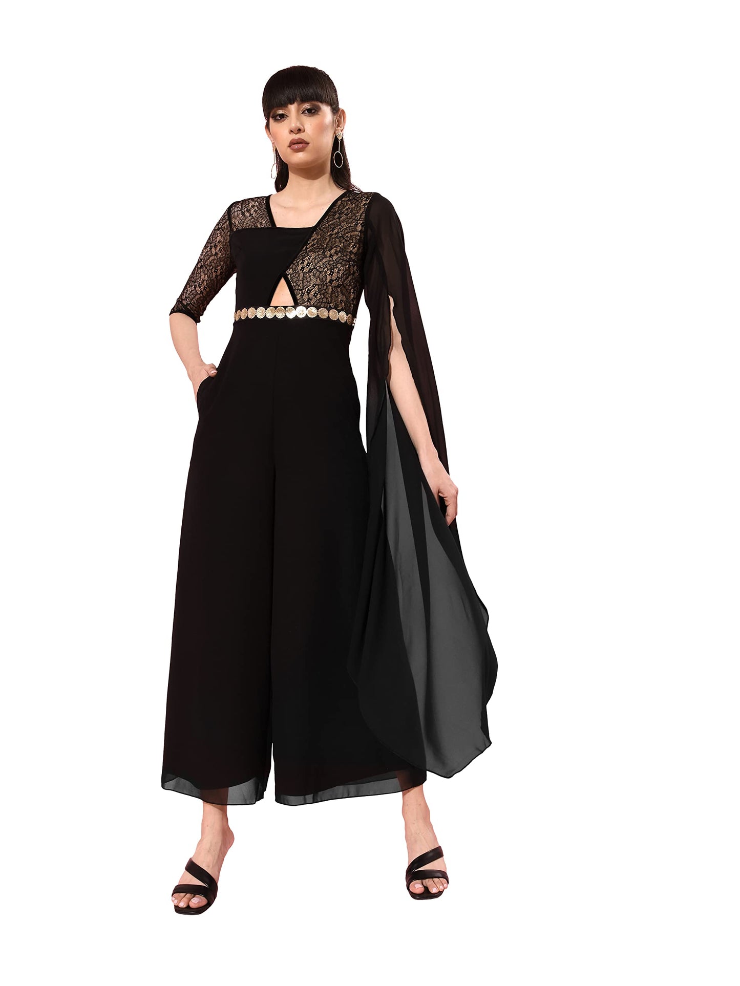Miss Chase Womens Black & Beige Square Neck Asymmetric Sleeve Self Design Cut-out Regular Jumpsuit (MCSS22D15-27-132-04, Black