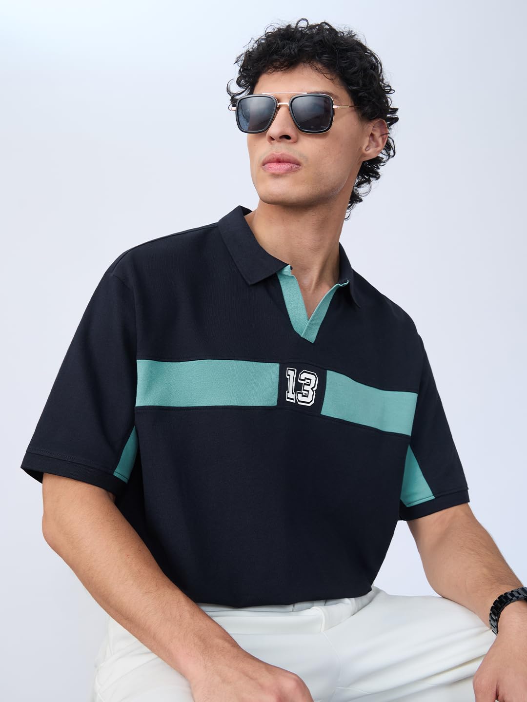 The Souled Store Colourblock: Arctic Men and Boys Short Sleeves Collared Neck Blue Cotton Oversized Polos