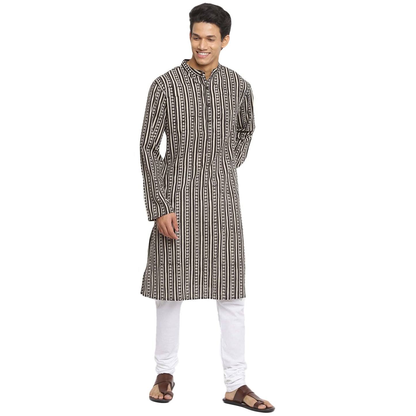 Fabindia Men Bock Print Chinese Collar Cotton Slub Long Kurta Hand_M Multicolour