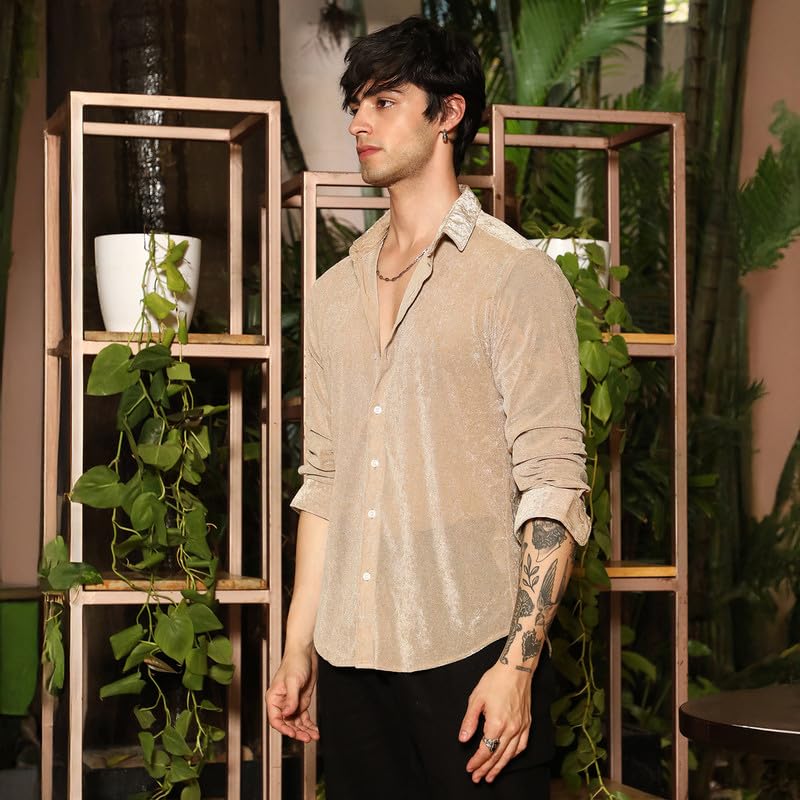 Campus Sutra Mens Sand Beige Solid Velvet Shirt for Casual Wear | Spread Collar | Long Sleeve | Button Closure | Shirt Crafted
