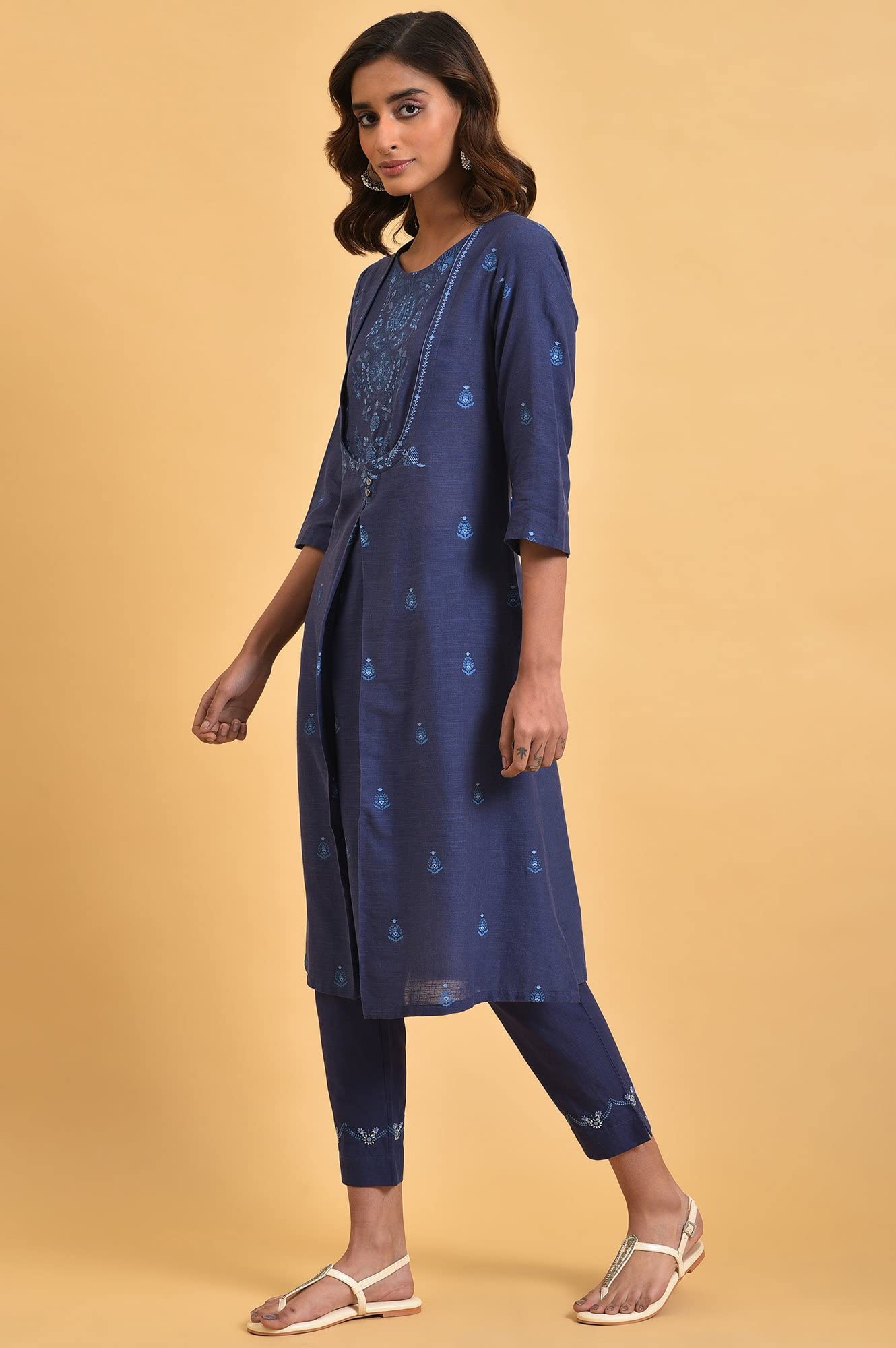 W Dark Blue Floral Printed Cotton Straight Long Kurta For Women